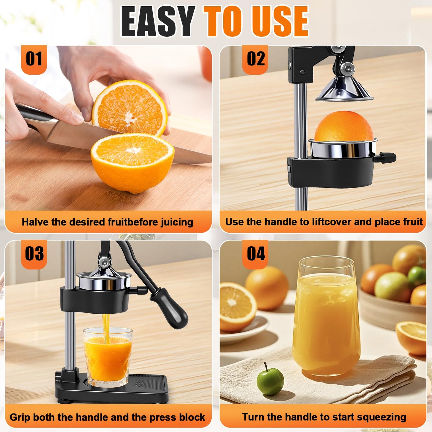 Manual Cast Iron Citrus Juicer,Commercial Hand Press,Heavy Duty Countertop Squeezer for Fresh Orange Lemon Juice,Stable When Pressed,Easy to Use & Clean (black)