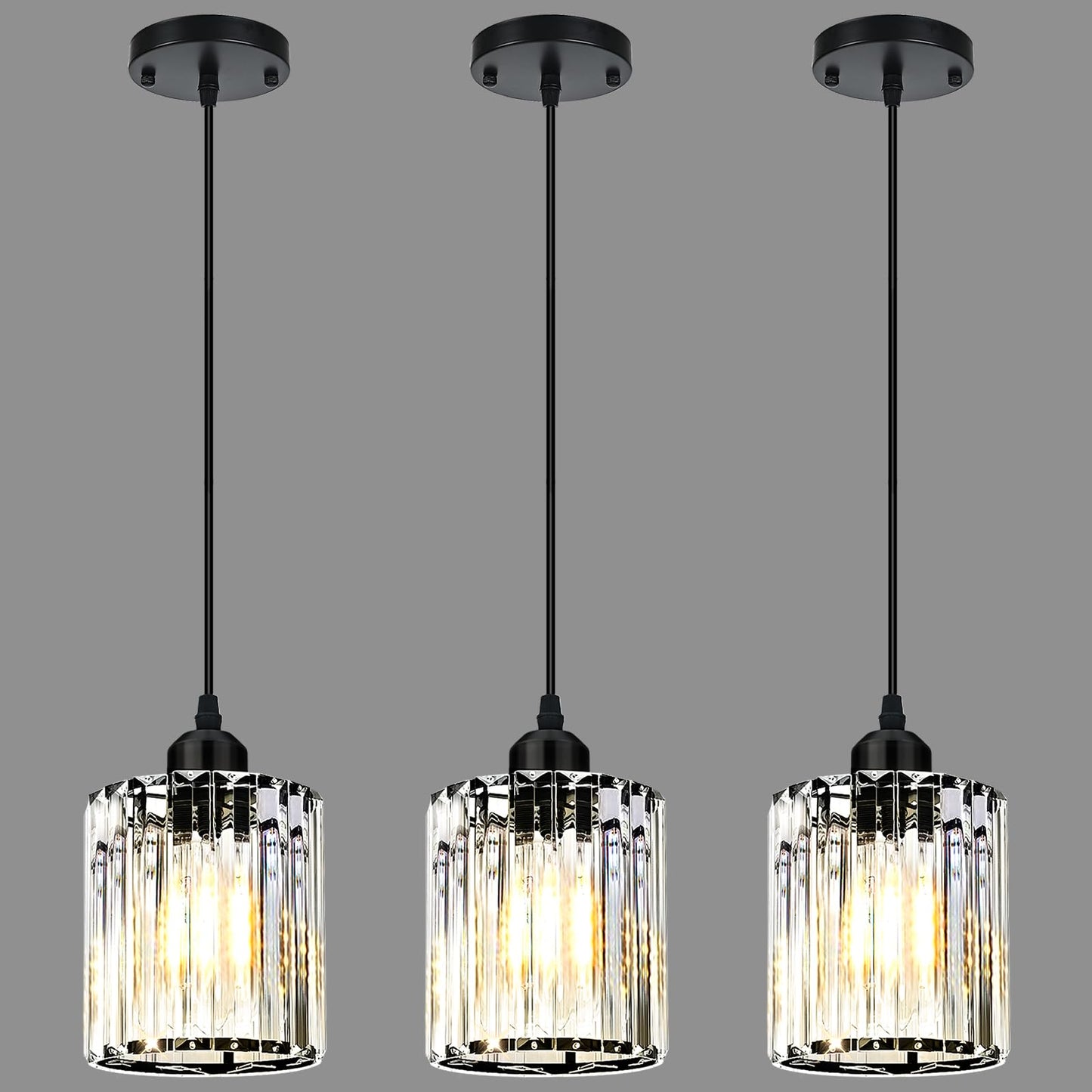 WKWKTOTO 3-Piece Pendant Lights Kitchen Island, Elegant Modern Island Lights for Kitchen with Crystal Glass – Luxury Kitchen Hanging Light for Kitchen Island, Dining Table, Entryway, Restaurant