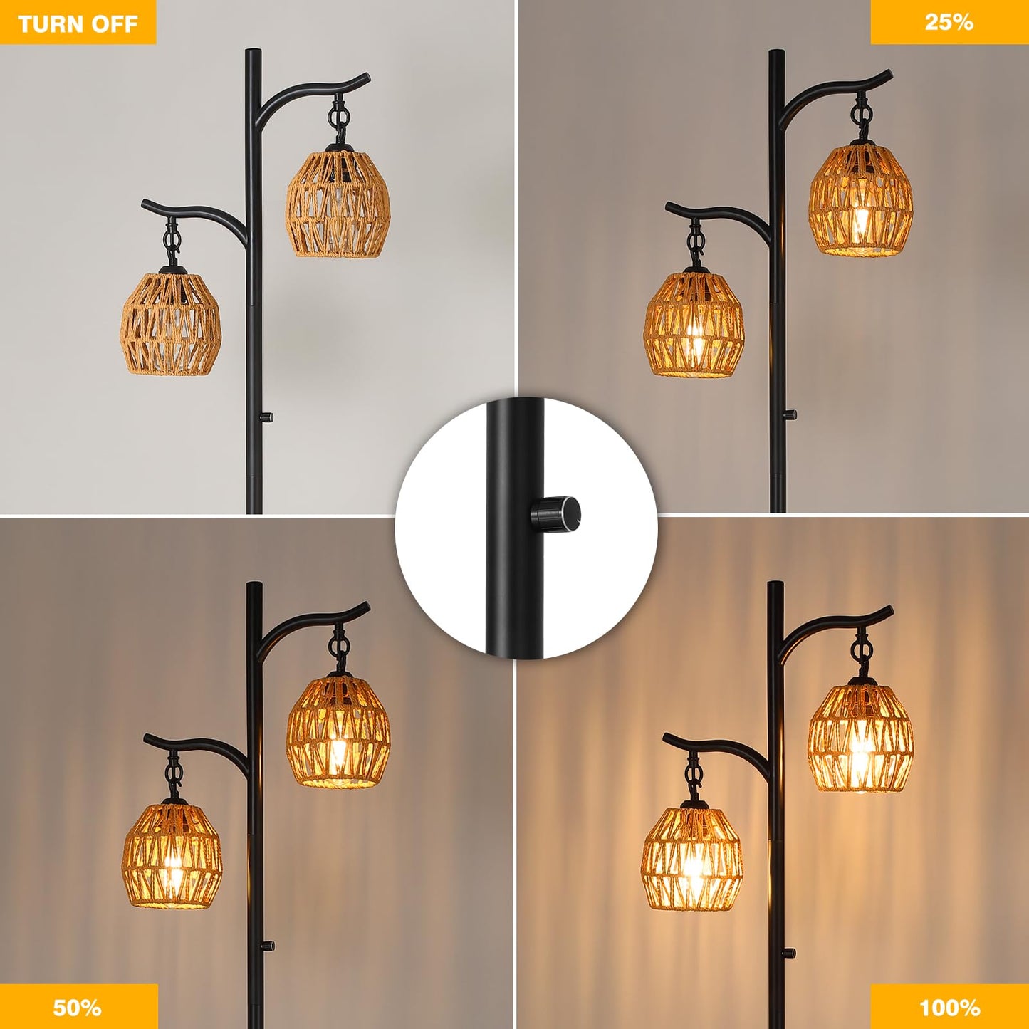 9MMML Rattan Floor Lamp for Living Room, Boho Floor Lamp with 2 Hanging Rattan Lamp Shade, 67'' Farmhouse Dimmable Black Standing Lamp with Rotary Switch for Bedroom, 2 x 800LM LED Bulbs Included