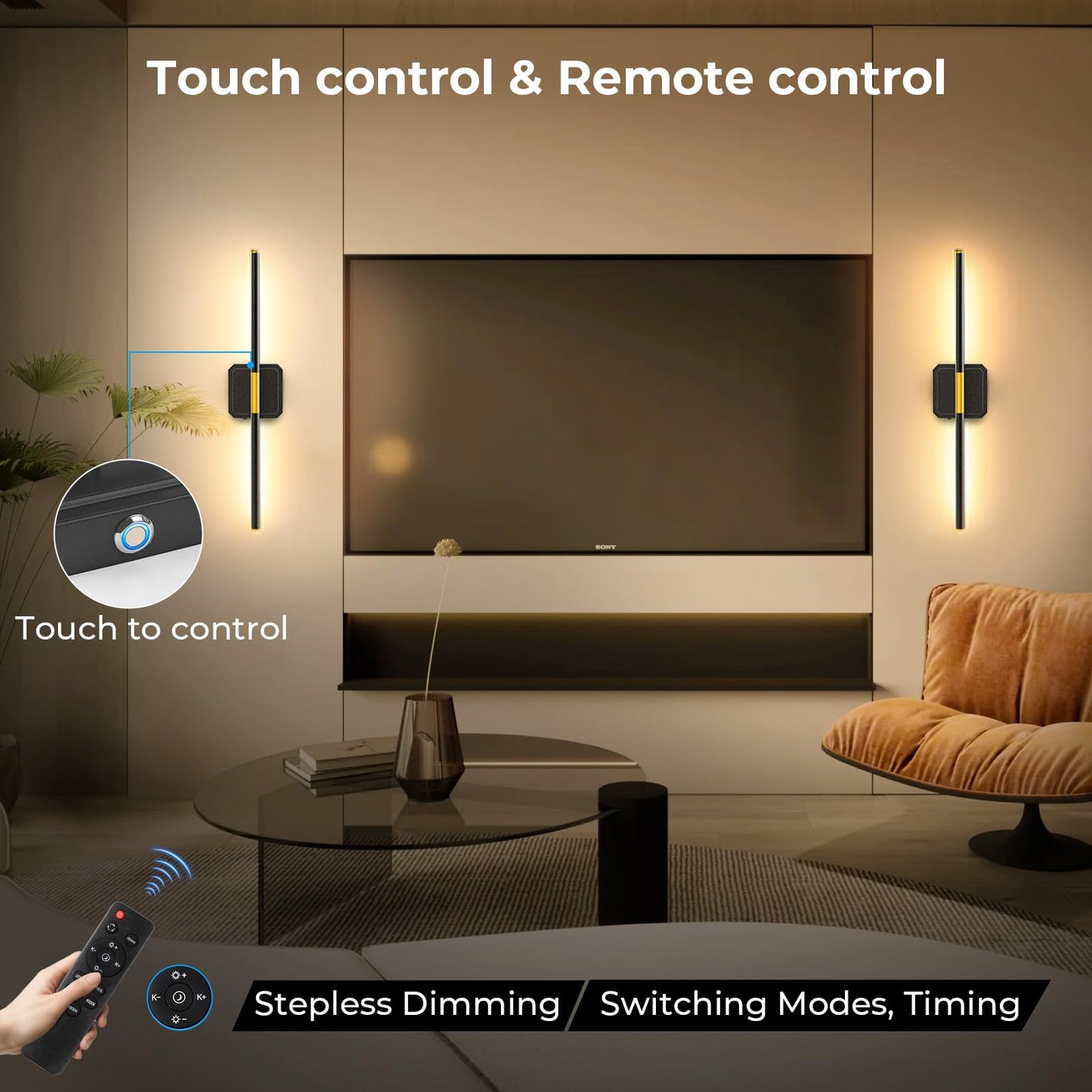 GvvooHome Battery Operated Wall Sconces Set of 2, Detachable 360°Rotate Wall Lamps, 3000-6500K Dimmable with Remote Control, 10000mAh Rechargeable Wall Light for Bedroom, Living Room, 28.3" Black Gold