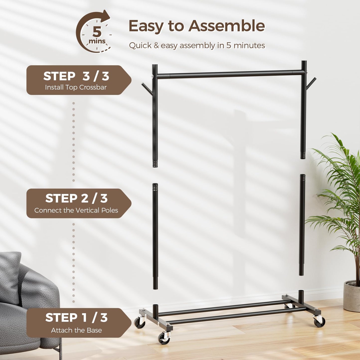 Clothes Rack, Clothing Rack for Hanging Clothes Load 280LBS, Rolling Garment Rack, Portable Coat Rack Freestanding Clothes Rack with Wheels Wardrobe Rack Easy Assembly for Bedroom Living Room, Black