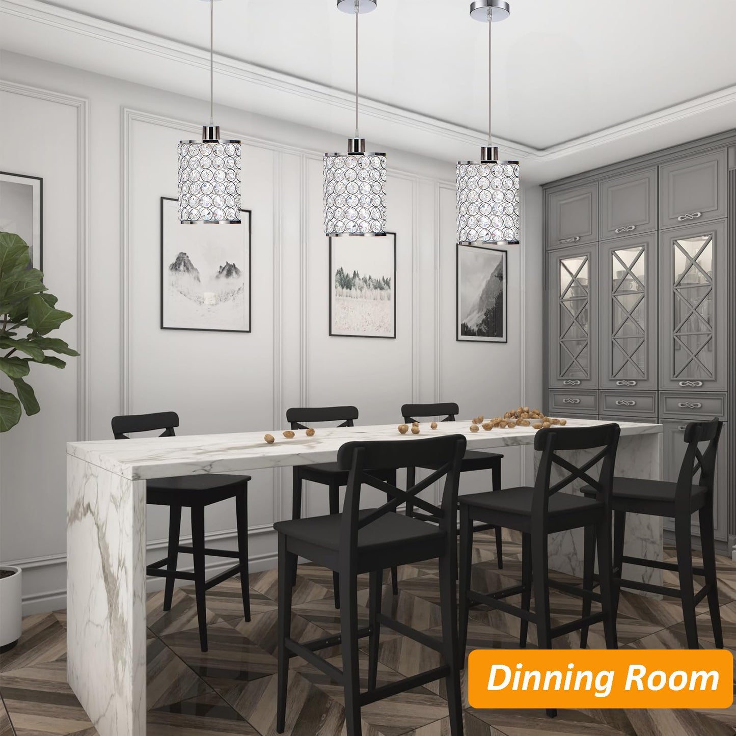 Cuaulans 3 Pack Crystal Pendant Light, Modern Chrome Kitchen Island Pendant Lighting,Cord Adjustable Bar Ceiling Hanging Lights for Kitchen Dining Room Bedroom Bar