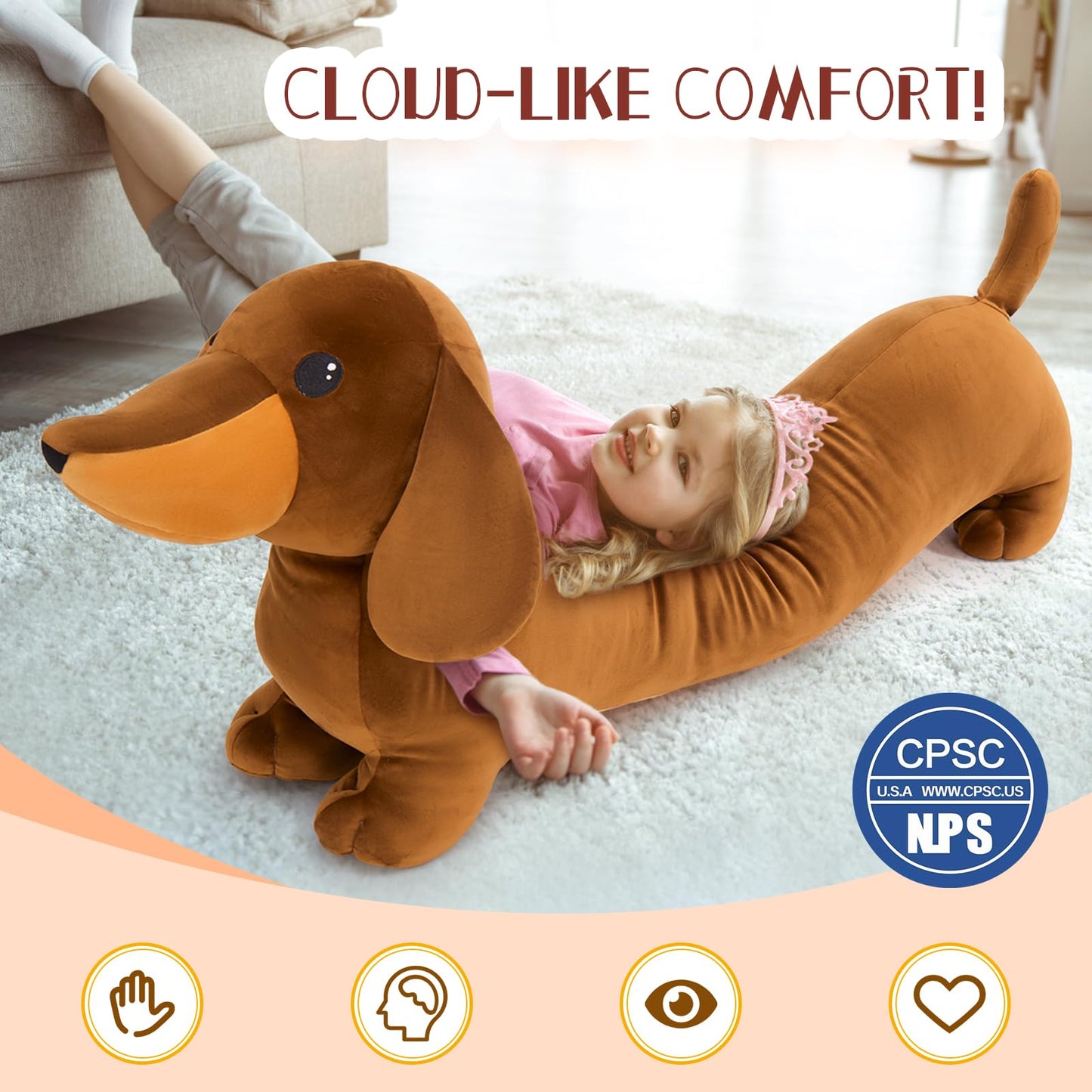 MorisMos Giant Dachshund Stuffed Animal, 43.3in Large Dachshund Long Body Pillow,Huge Stuffed Dog Body Pillow for Kids Adults,Christmas Birthday Valentine's Day Present