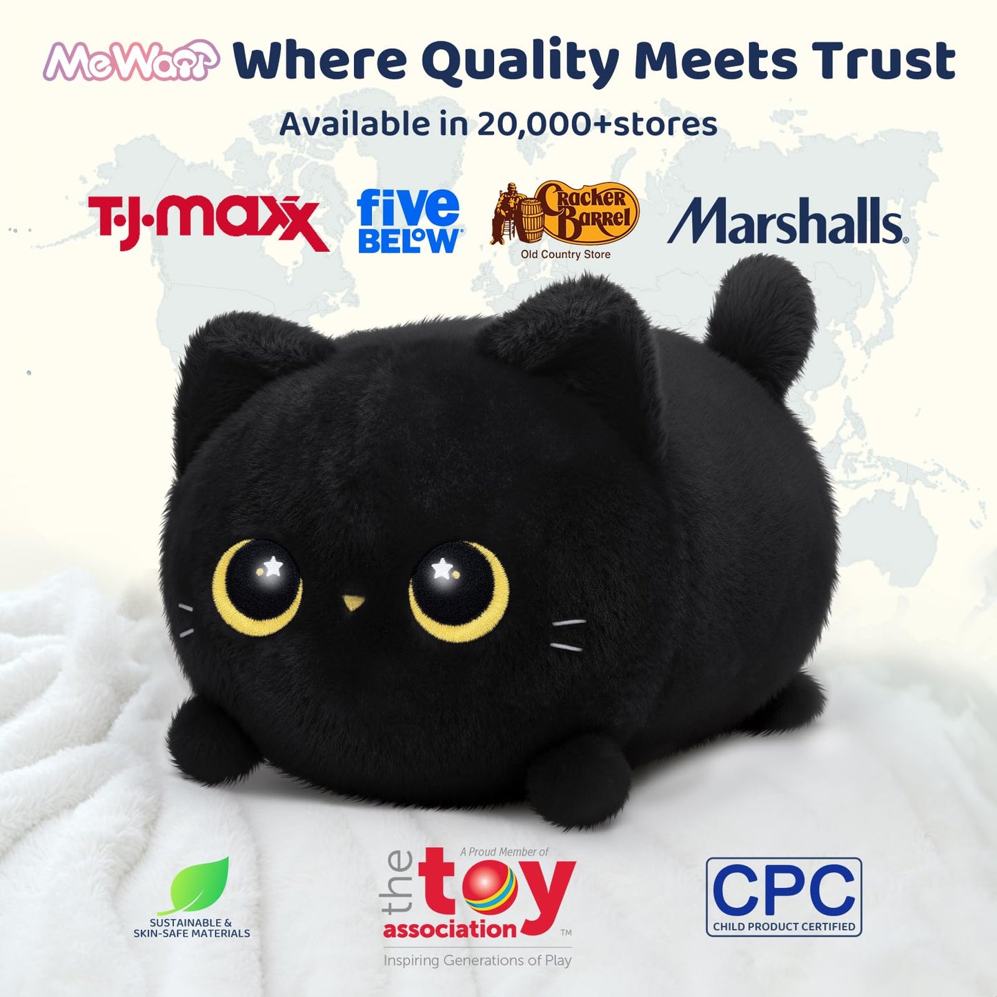 Mewaii Black Cat Plush, Cute Cat Plushies Toy, Soft Kitten Plushie Cuddle Pillow, Anime Plushie Doll, Cute Stuff Toys Gift for Girls, Boys and Males (16 Inch)