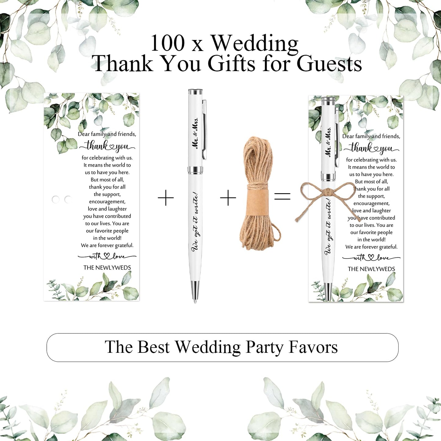 Affrolling 100 Sets Wedding Favors for Guests Bulk Retractable Ballpoint Pen Thank You Cards with Bridal Shower Gift for Guest Wedding Souvenirs Newlyweds Party Supplies (Leaf Style,Hemp Rope)