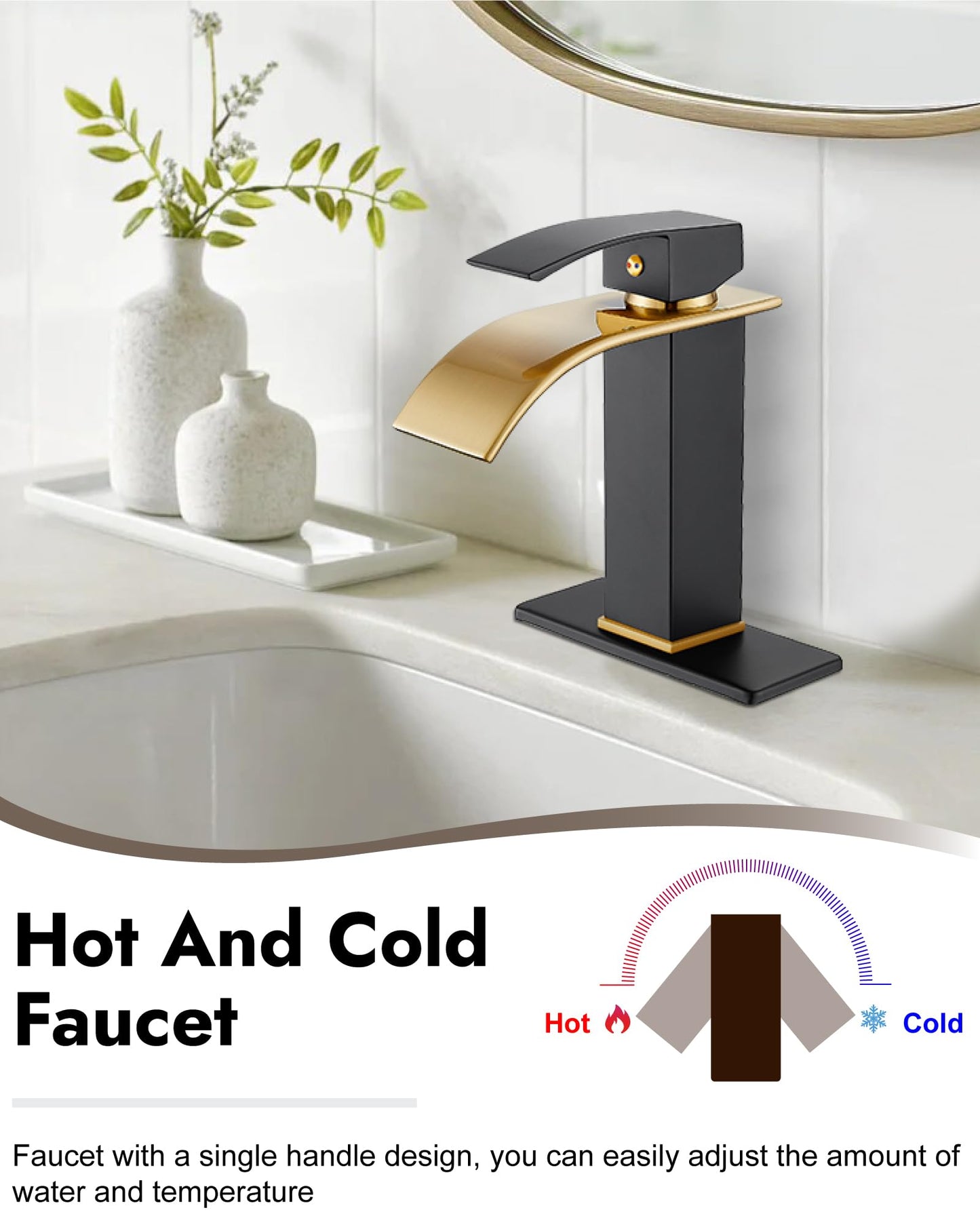 Midanya Bathroom Sink Faucet Single Handle Suitable for 1 or 3 Holes with Deck Plate and Pop-Up Drain,Waterfall Bathroom Faucets for Vanity,Basin,Rv,Lavatory Sink,Brushed Gold Spout/Matte Black