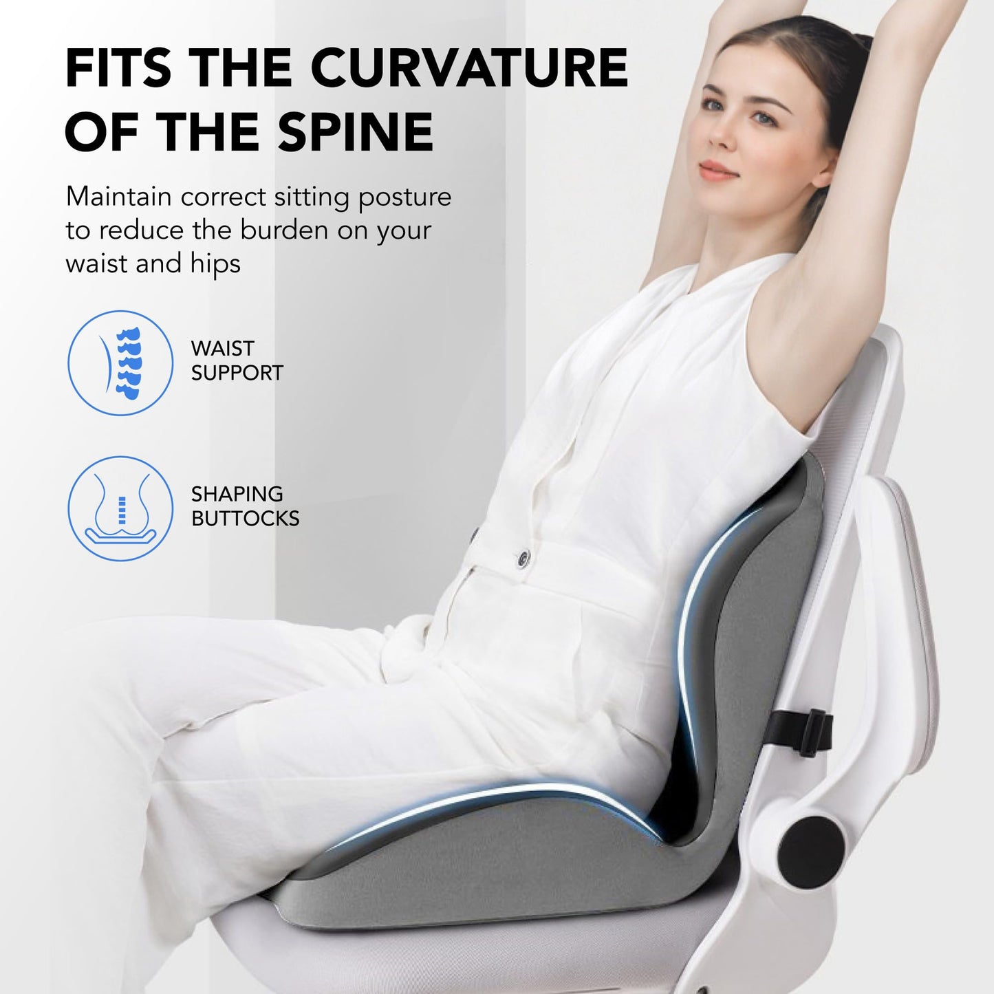 Ergonomic Waist Support and Seat Cushion, 2-in-1 Memory Foam Pad, Hollow Design for Coccyx, Suitable for Office Chairs, Car Safety Seats and Household Use - Relieves Lower Back and Hip Pain (Grey)