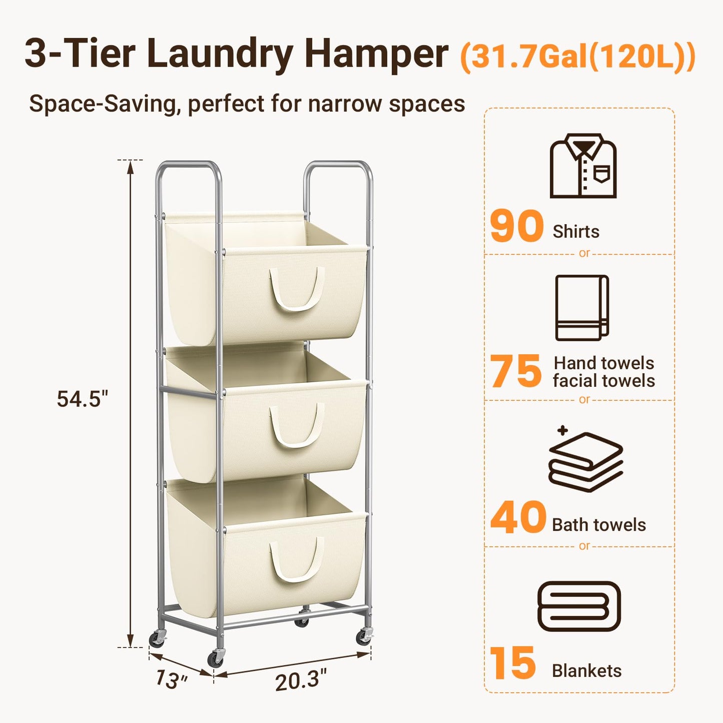 ELYKEN 120L Vertical Rolling Laundry Hamper with Removable Bags, 3 Section Laundry Baskets with Wheels, Space-Saving 3 Tier Laundry Sorter for Small Spaces, Dorm, Bedroom, Bathroom, Laundry Room