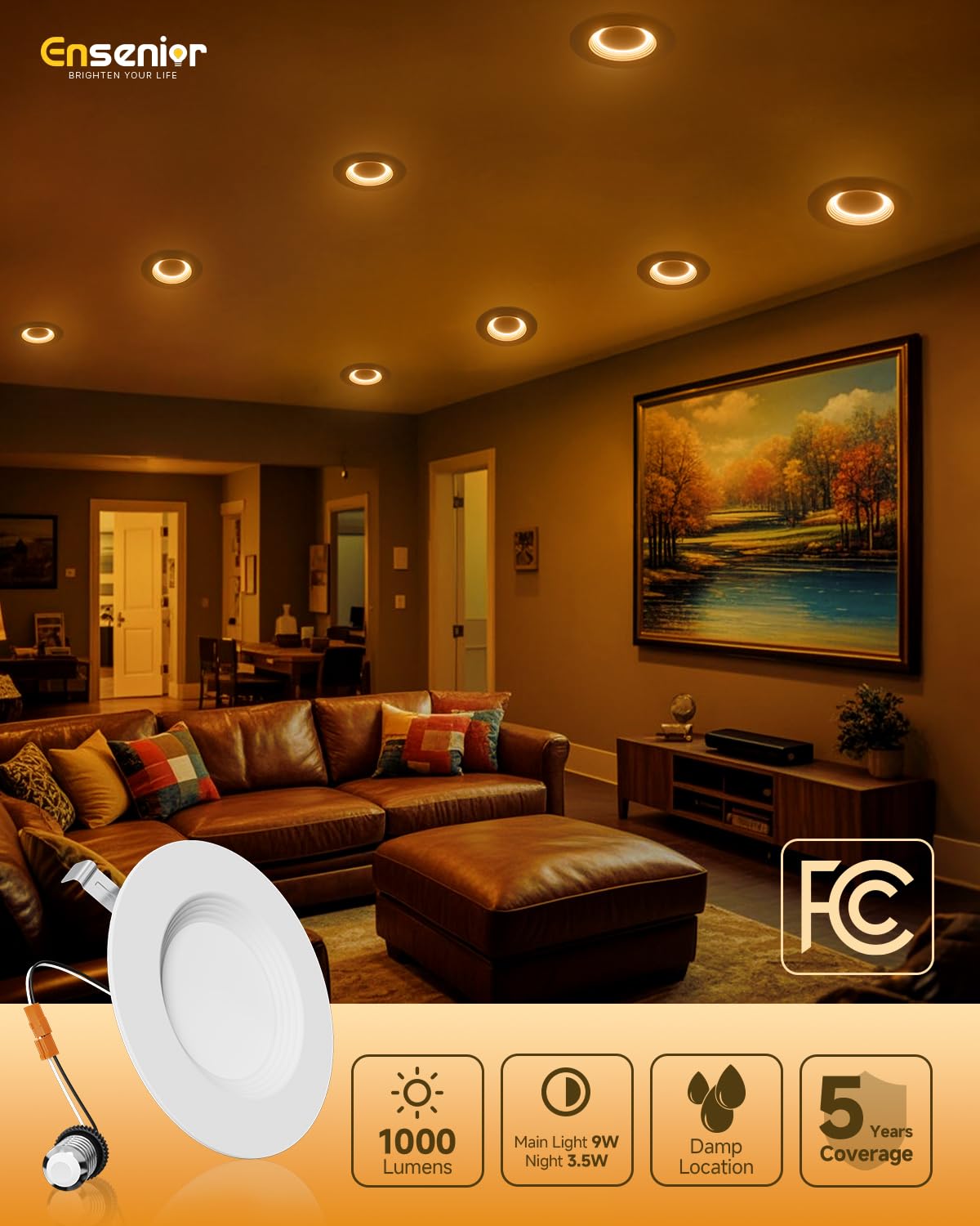 Ensenior 5/6 Inch 5CCT LED Can Lights with Night Light 12 Pack, Retrofit Led Recessed Lighting, Baffle Trim, Dimmable, 9W=110W, 1000LM, IC Rated - FCC