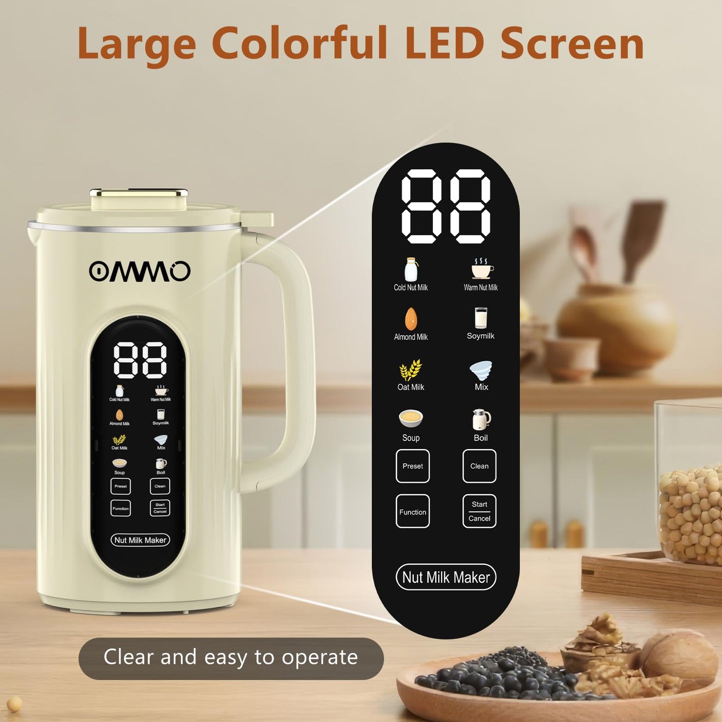 OMMO 10 in 1 Nut Milk Maker Machine Blender, 35oz Soy Milk Maker with Large Screen/10 Blades for Hot/Cold Almond Oat Soybean Milk Maker, 12 Hours Timer/Self-Cleaning, Includes Recipe Book-Accessories