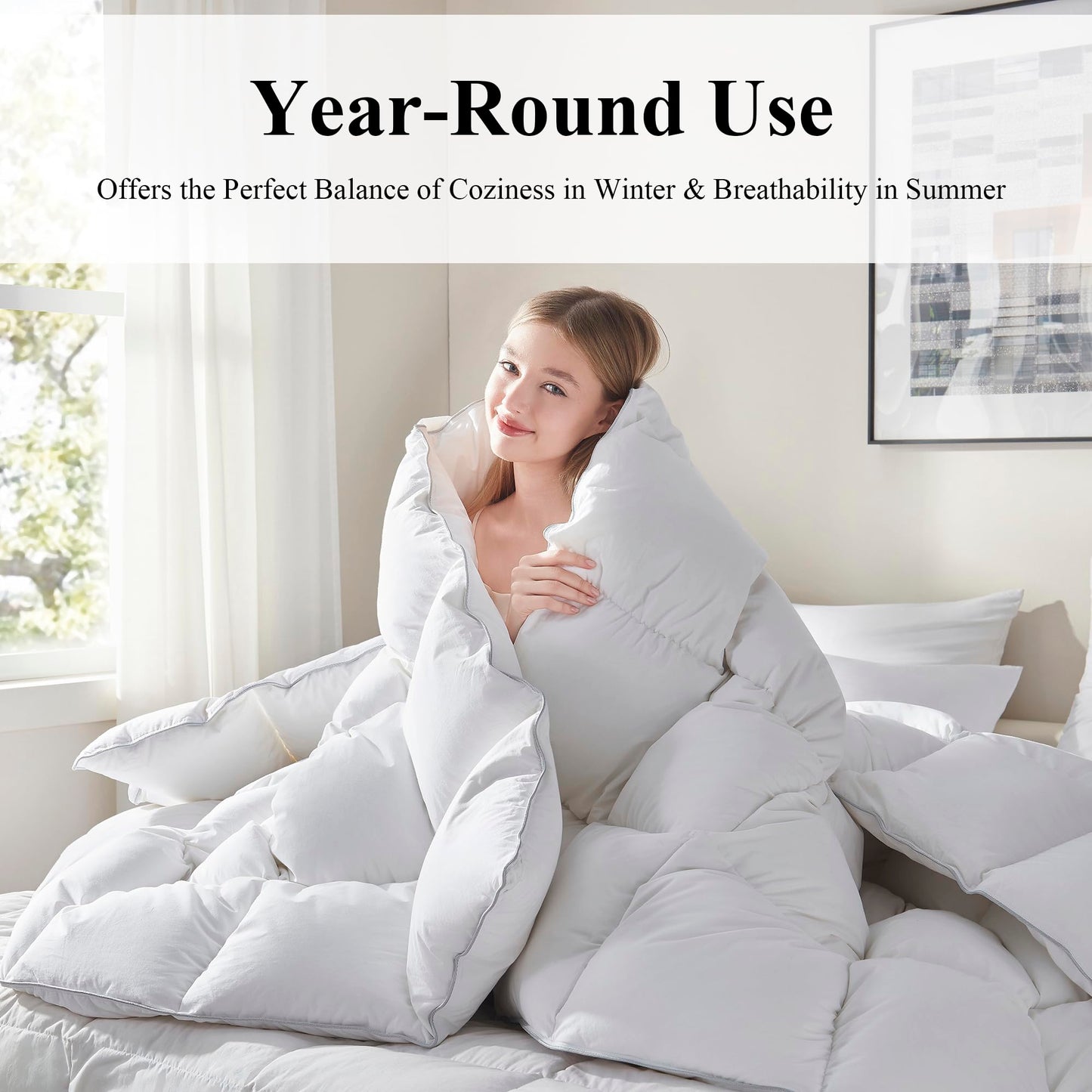Ubauba Goose Feather Down Fiber Comforter Twin Size - All Season White Fluffy Duvet Insert - Luxurious Hotel Bedding Comforter - Ultra Soft 100% Cotton Cover, Medium Warmth (68x90 Inch)