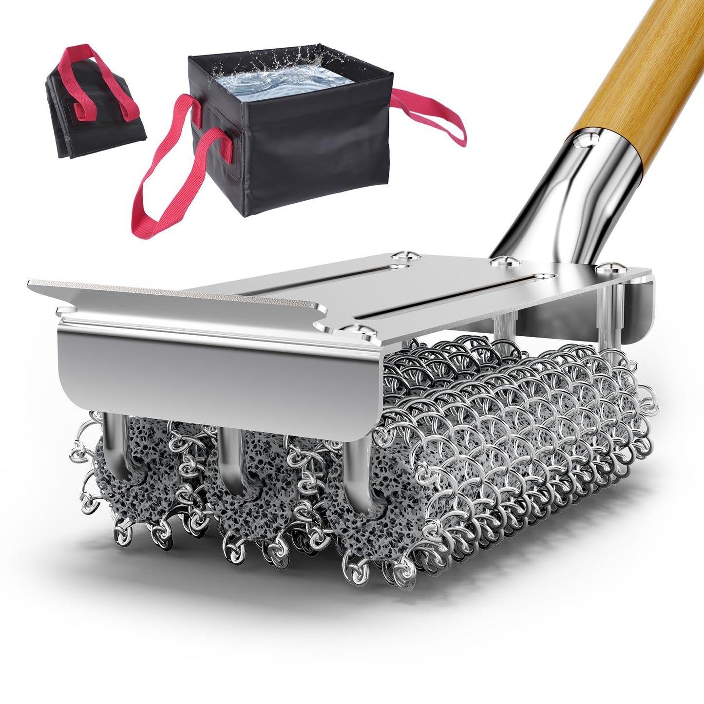 HOUSE AGAIN Grill Brush Bristle Free + Collapsible Water Bucket, Safe BBQ Outdoor Grill Accessories Cleaning Brush Scraper with Durable Dunk Tank for Great Value Bundle/Ideal for Dad