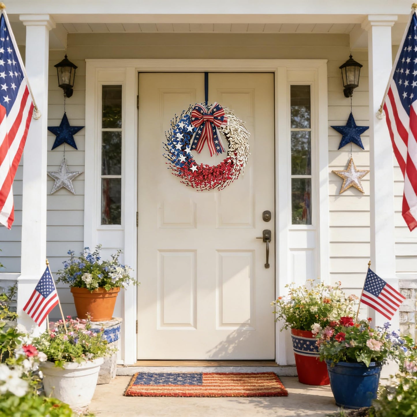 Idyllic 22 Inch Large Patriotic Wreath with Red White Blue PE Ribbons & White Stars - 4th of July Memorial Day Front Door Decor, Outdoor Holiday Wreath