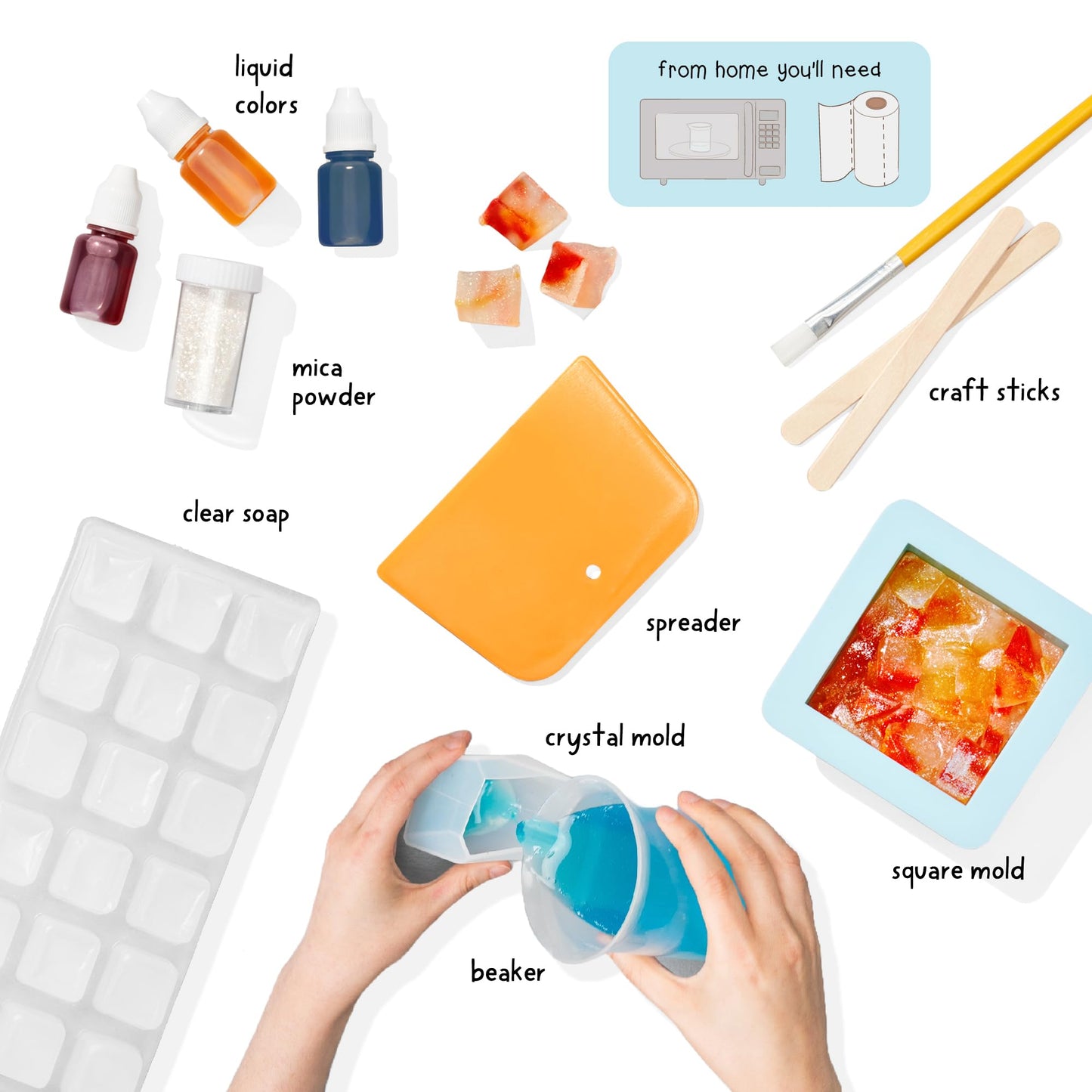 KiwiCo Crystal Geode Soapmaking Kit | Complete Set Includes Beaker, Clear Soap, Molds, Mixing Sticks, Mica Powder, Liquid Colors & More | DIY Soap Making Kit for Kids Ages 7+
