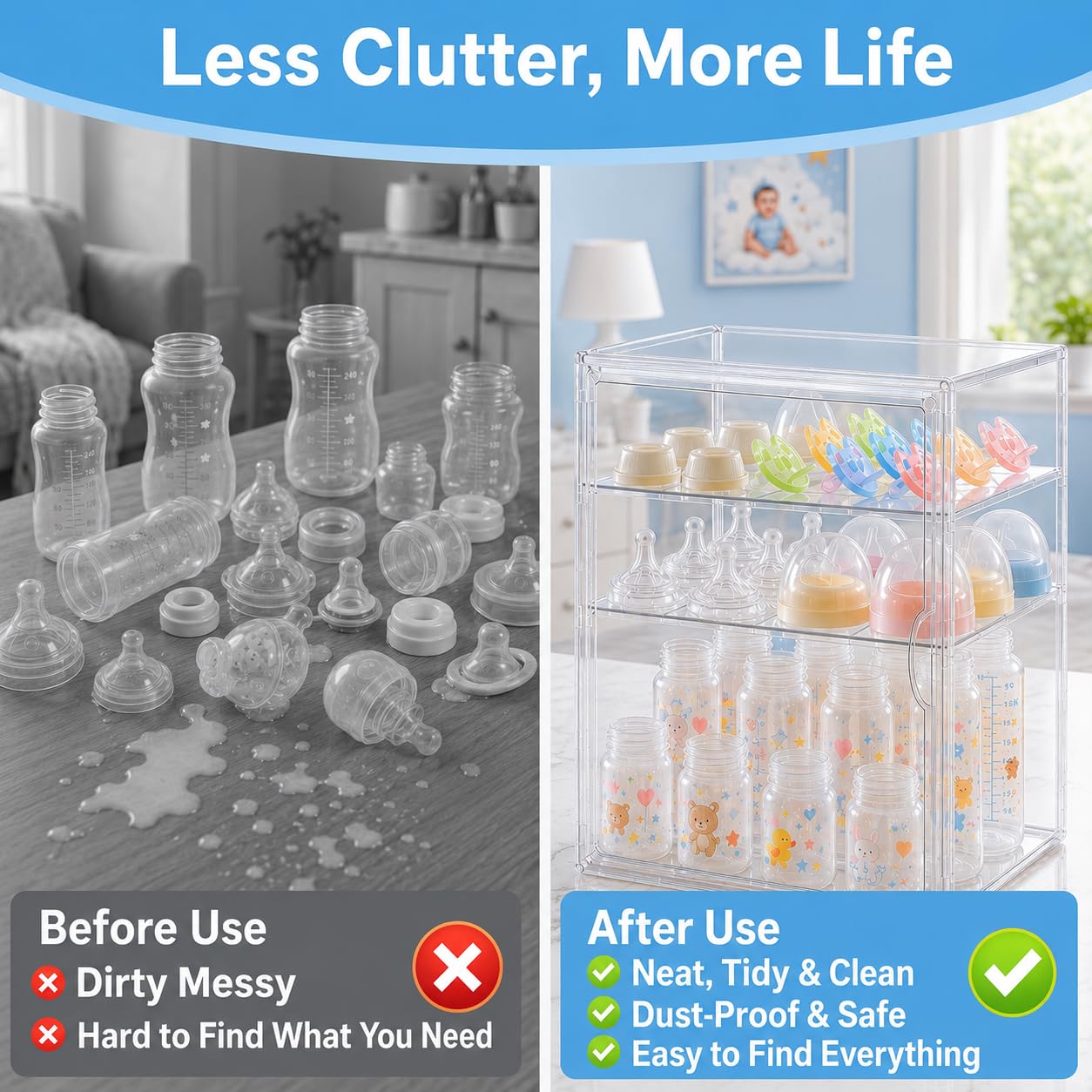 Heliospark Baby Bottle Storage Organizer for Countertop, X-Large Clear Bottle Organizer, Baby Bottle Storage Organizer for Bottles, Nipples, Pump Parts & Food Jars, Nursery Cabinet, Kitchen Pantry