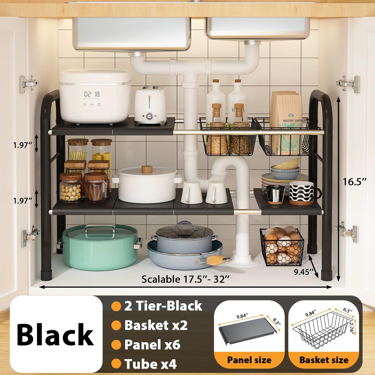 KOSIWU Expandable Under Sink Organizer, 2 Tier Under Sink Shelf with 2 Removable Baskets and 6 Removable Panels for Cabinet Sink Cloakroom Wardrobe Closet Storage(Black, 17.71”-32”Length