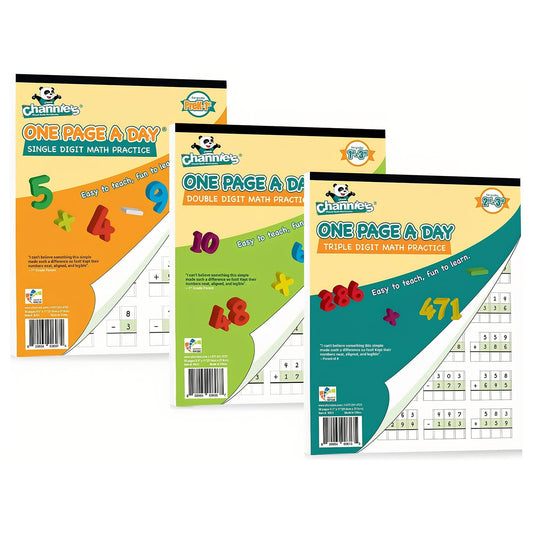 Channie’s One Page A Day Single, Double & Triple Digit Math Worksheets for Pre-K to 3rd Grade Kids, Addition & Subtraction Workbook, Easy Tear-Off Pages, 3 Pack for Daily Practice