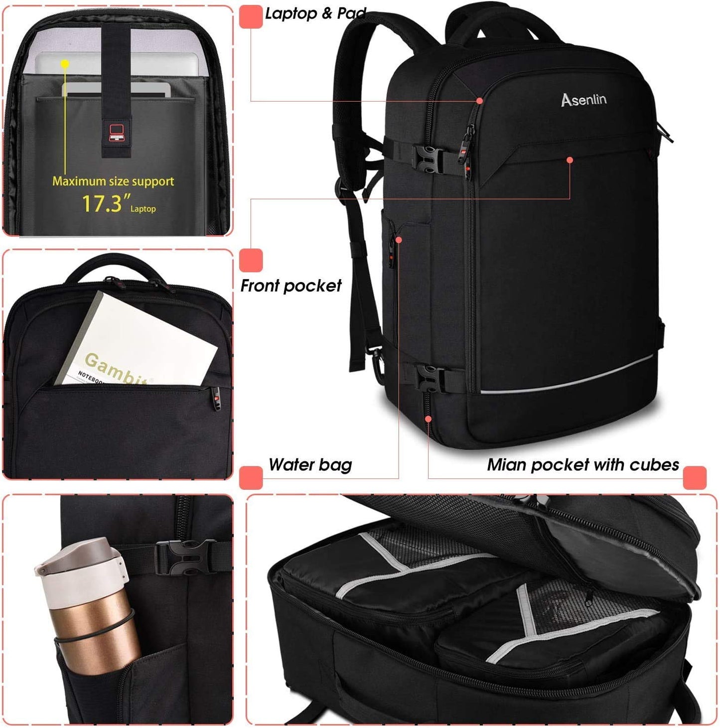 Asenlin 40L Travel Backpack for Women Men，17 Inch Laptop Backpack Flight Approved Luggage Carry On Water Resistant Computer Backpack for Weekender Overnight Large Daypack Black