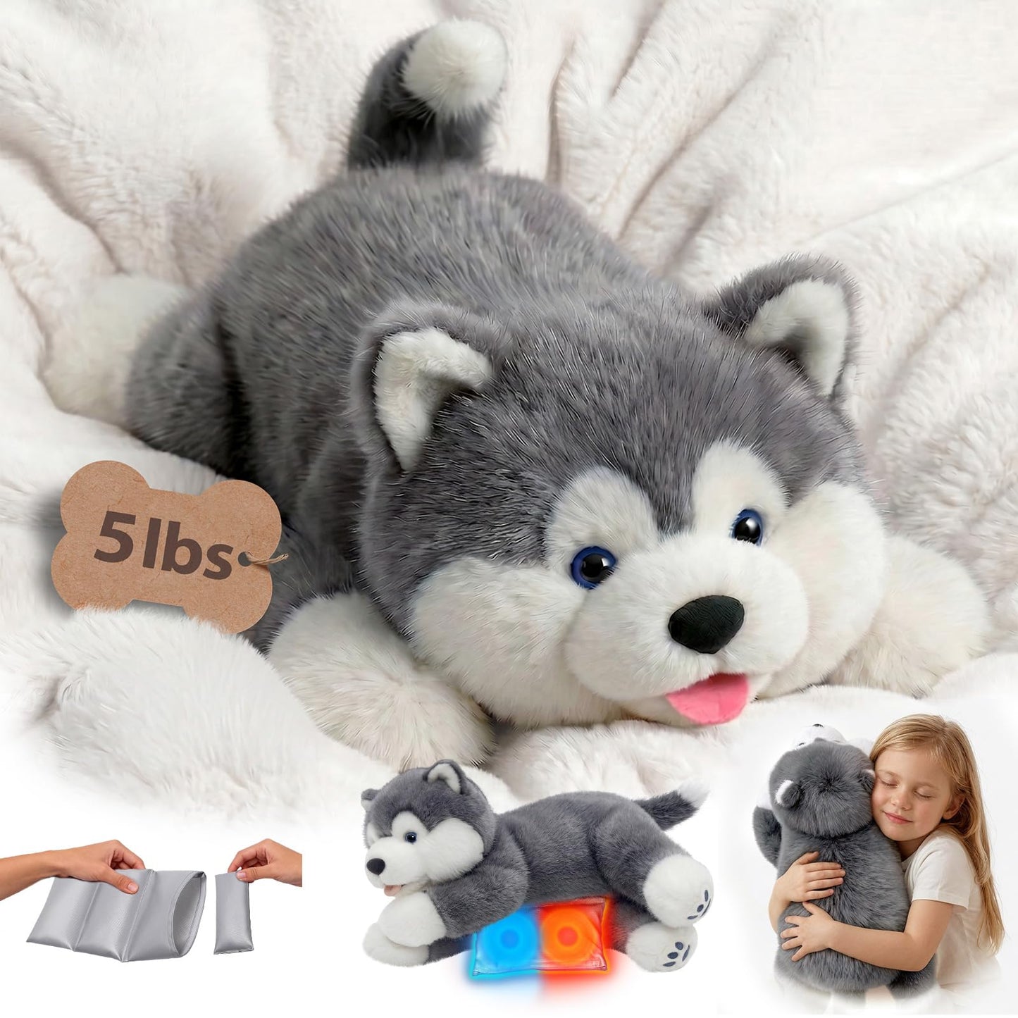Mewaii Weighted Stuffed Animals with Microwavable Heating Pad - 5 lbs Adjustable, Heatable & Coolable Dog Stuffed Animal for Realistic Hug, Removable Inner Pad, Plush Gifts for Adults & Kids(23 Inch)