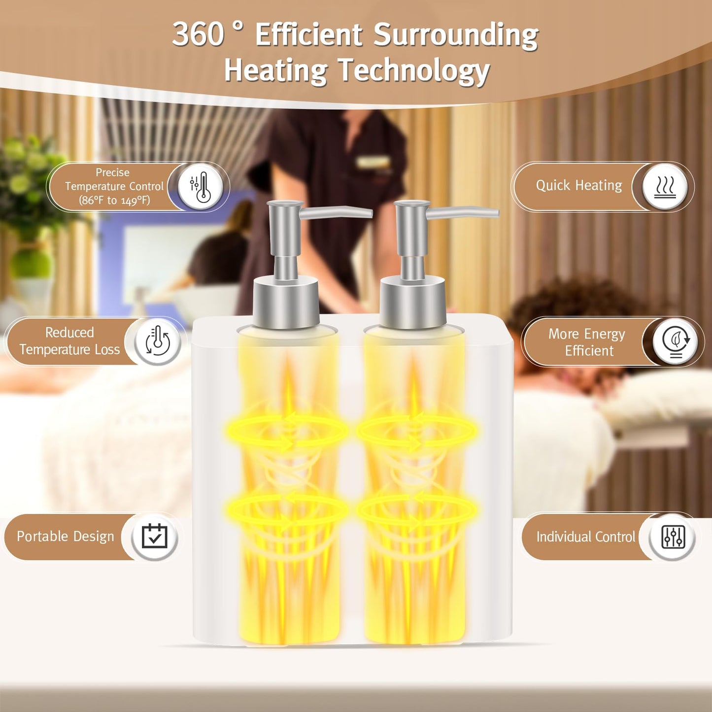 Meifuly Massage Oil Lotion Warmer Double Bottles for SPA Massage Therapy & Personal Use, Fast Oil Cream Lotion Warmer Heats Up, with 4 Oil Bottles Dispenser, Adjustable Constant Temperature