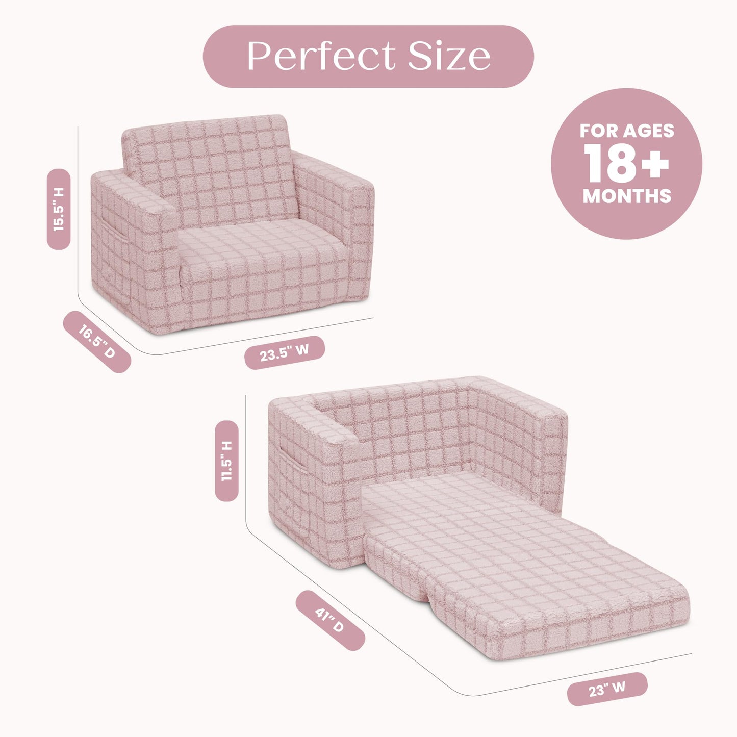 Delta Children Checkered Cozee Flip-Out Kids Chair, Snuggly Sherpa-Like Foam Convertible Armchair for Boys and Girls, Machine Washable Cover, Soft Comfy Toddler Seating for Playroom/Bedroom, Pink
