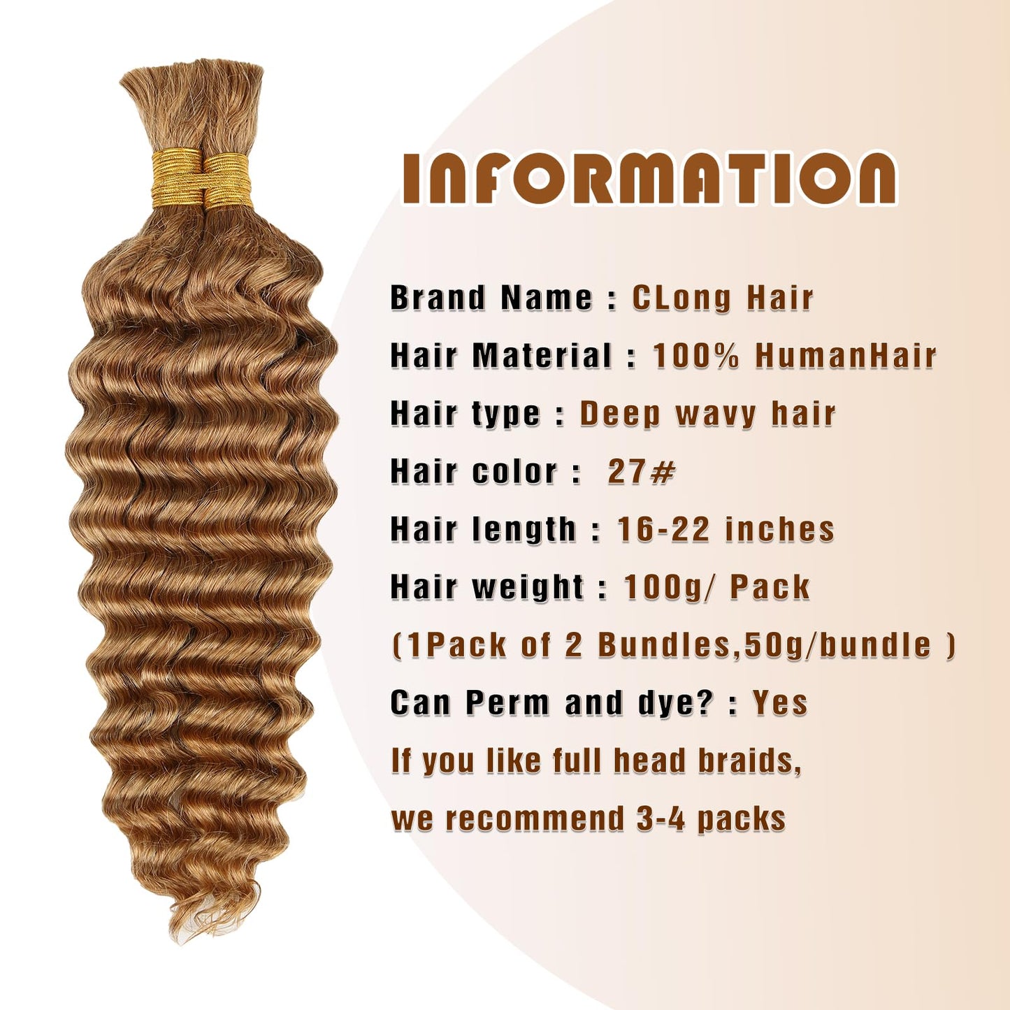 Honey Human Braiding Hair Deep Wave Bulk,27# Color No Weft Curly Braiding Hair Extensions for Boho Braids Wet and Wavy Braiding Human Hair Bundles(20inch,#27,100g)