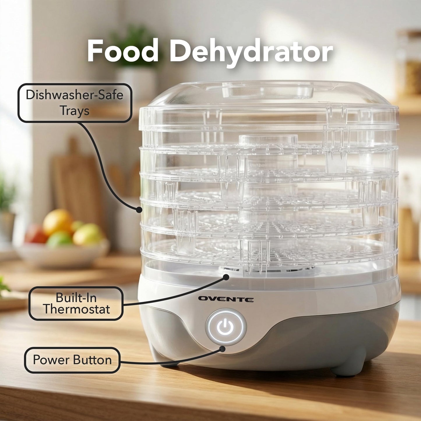 OVENTE Food Dehydrator Machine with 5 Stackable Clear Trays and Drying Space, 240W Electric Food Preserver and Dryer for Snacks, Beef Jerky, Fruits, Veggies, Yogurt and Herbs, Grey DF215GY