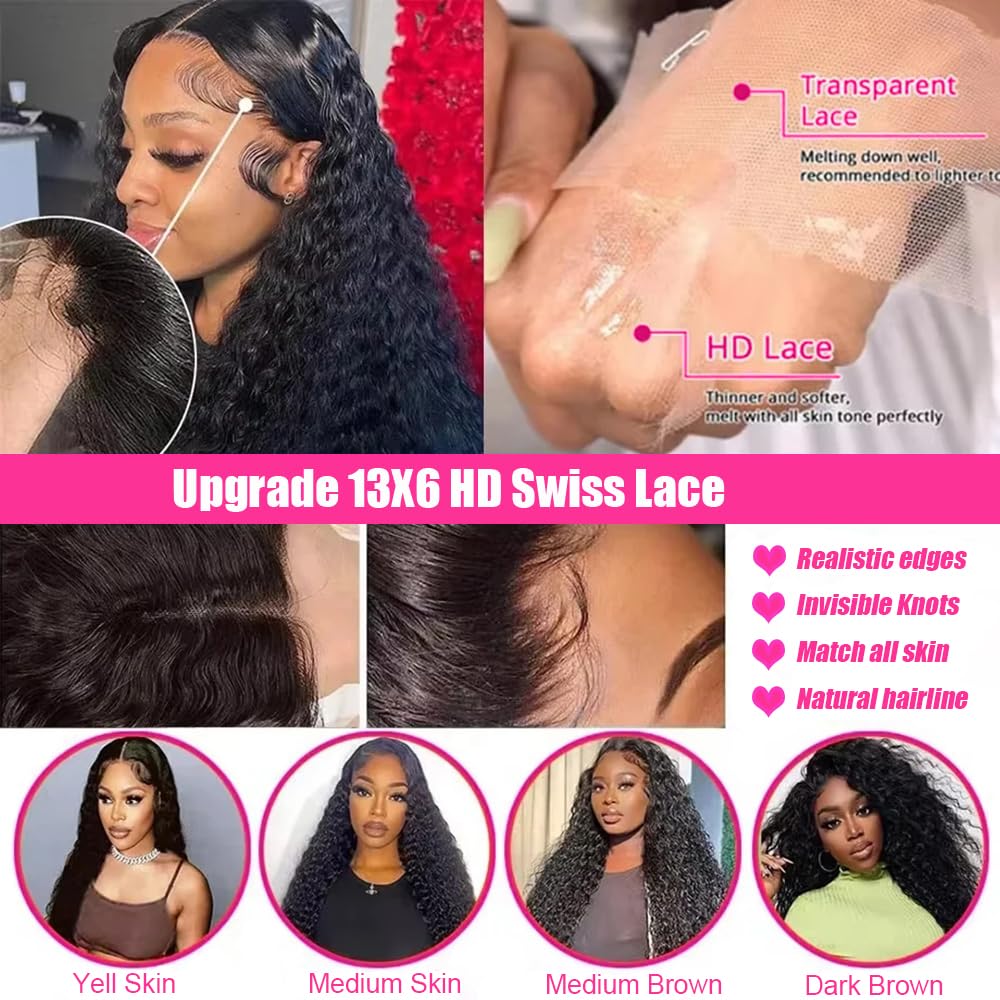 JTMMP 13x6 Deep Wave Lace Front Wigs Human Hair 200% Density 26 Inch Curly Human Hair Wig for Women Natural Black HD Transparent Lace Glueless Frontal Wigs Human Hair Pre Plucked with Baby Hair