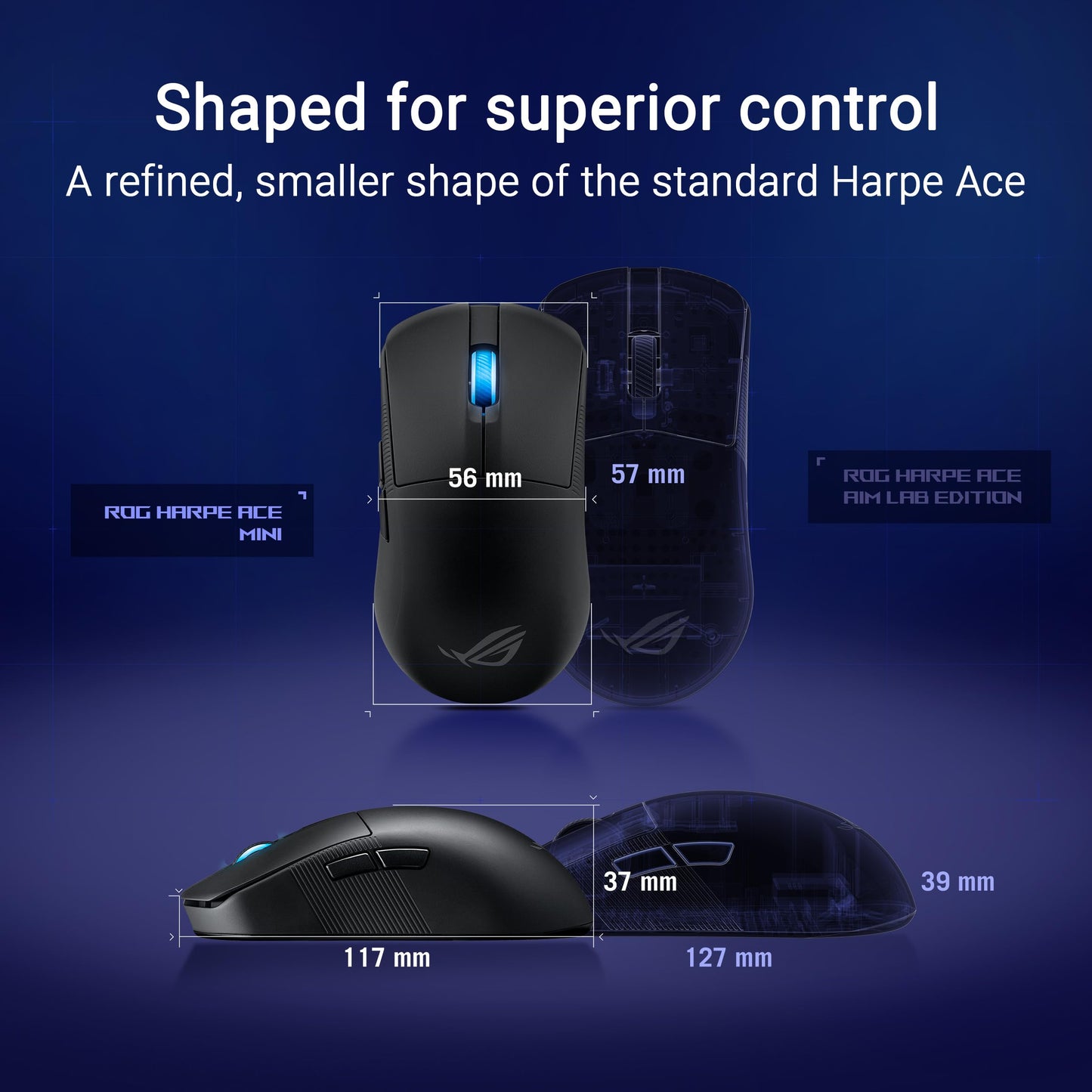 ASUS ROG Harpe Ace Mini Wireless Gaming Mouse, 49g Lightweight, AimPoint Pro 42K Optical Sensor, Optical Micro Switches, ROG Polling Rate Booster, Esports & FPS Gaming, Small, Medium, Black