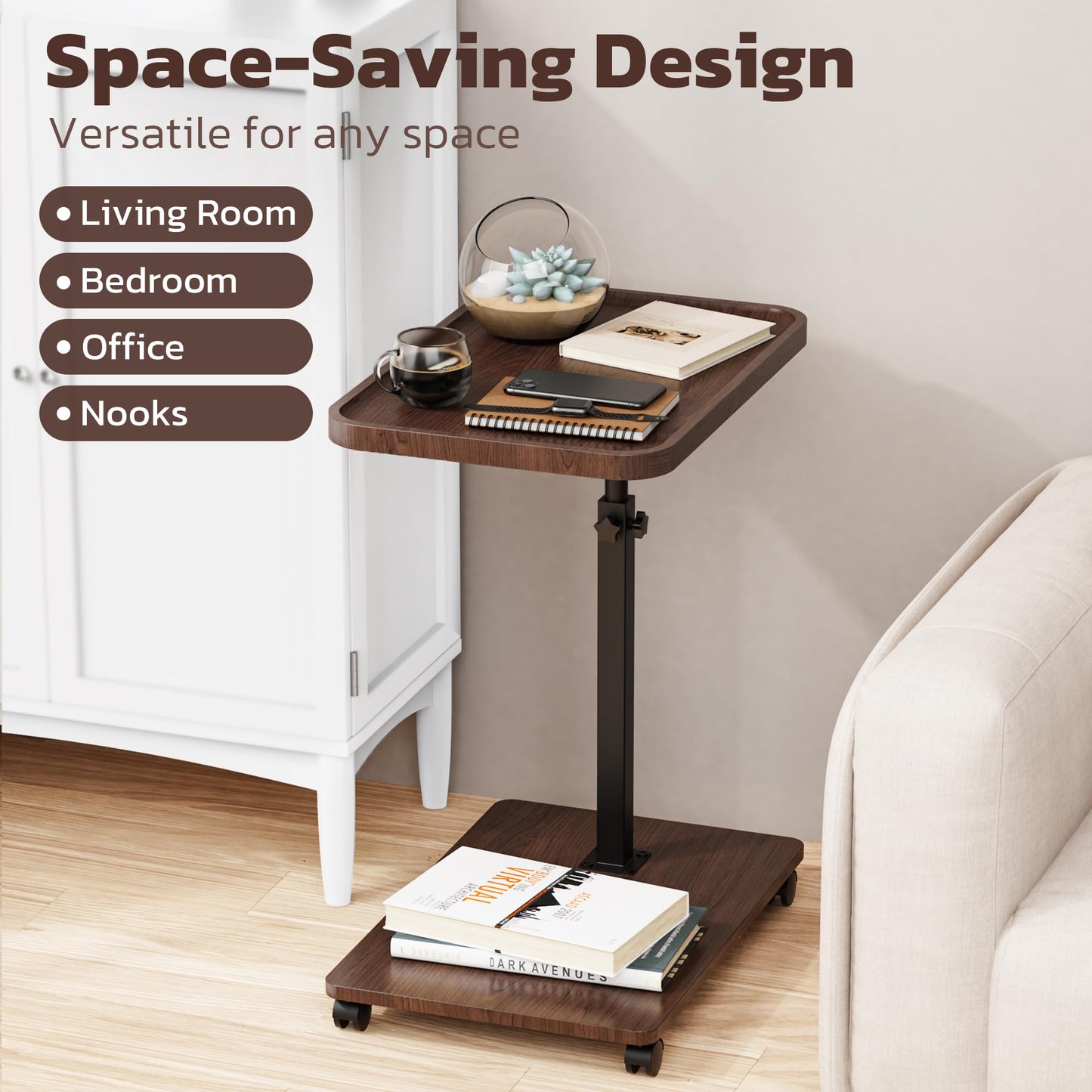 Large Size C Table End Table, Adjustable Height 360°Swivel TV Tray Table for Small Spaces, Couch Tables that Slide Under, C Shaped Side Tables for Couch,TV Dinner, Living Room and Bedroom (Walnut)