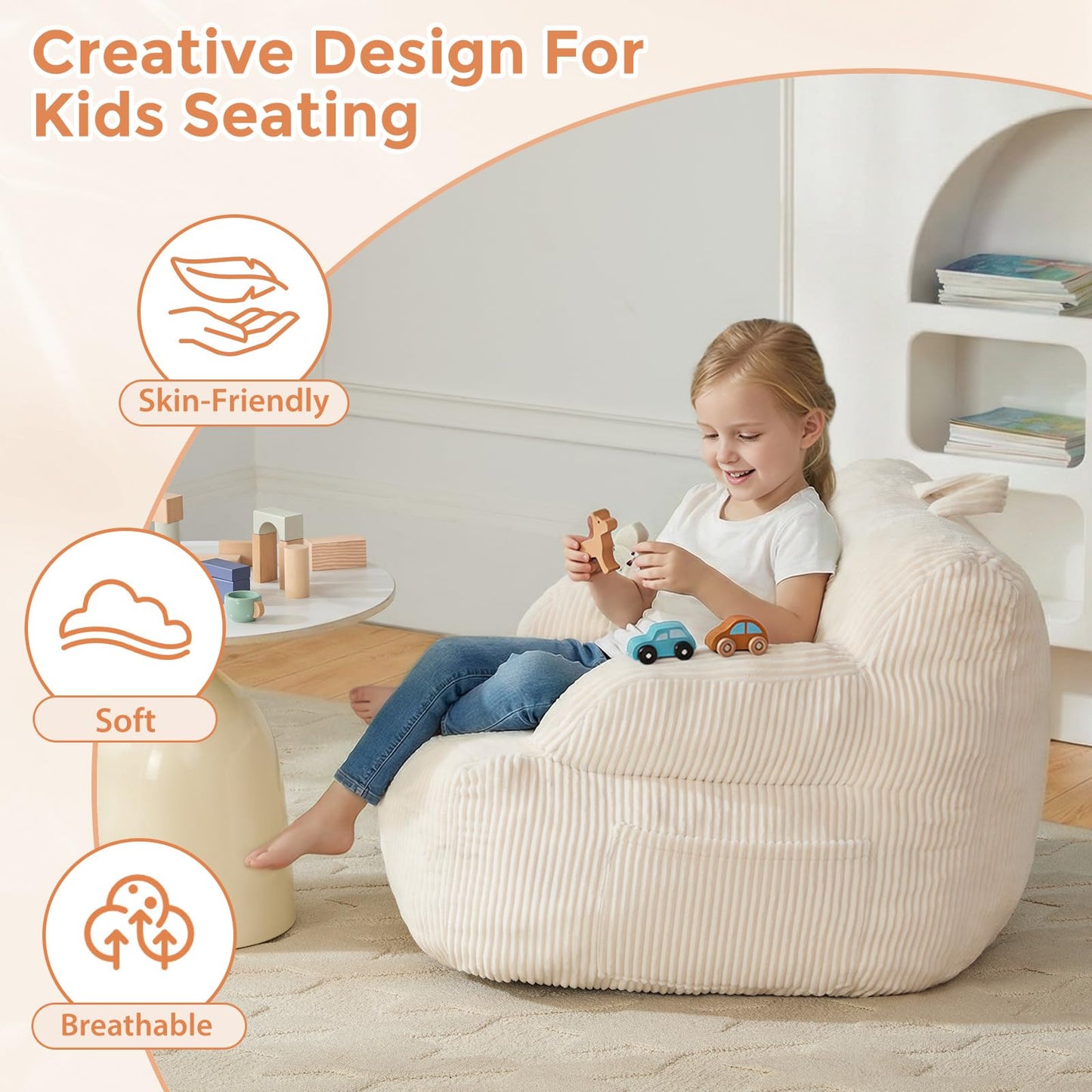 Bean Bag Chairs for Kids with Armrests, Comfy Kids Bean Bag Chair, Stuffed Toddler Bean Bag Sofa for Boys and Girls, Small Bean Bags for with Pocket, Floor Chair for Gaming, Reading & Relaxing, Beige