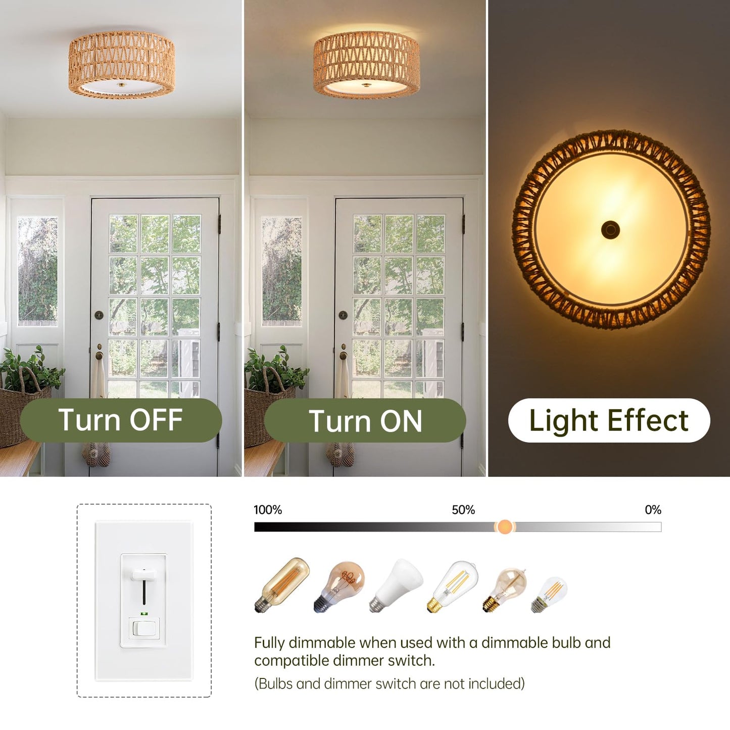 InterMaka Boho Ceiling Light Fixtures 12.6" Flush Mount Ceiling Light, Hand-Woven Rattan Light Fixture for Bedroom Close to Ceiling Light Modern Ceiling Light for Foyer Hallway Entryway Kids Room