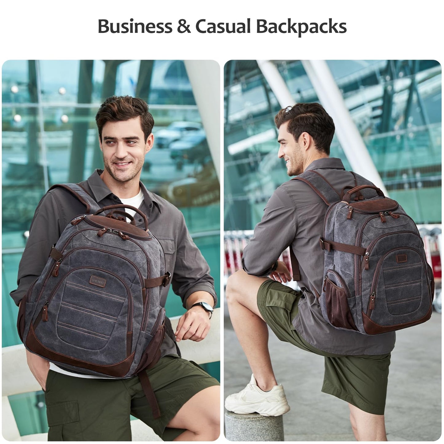 SHENHU Travel Laptop Backpack 17.3 inch XL Computer Backpack for Men Waxed Canvas College Daypack Business Backpack Black Gray