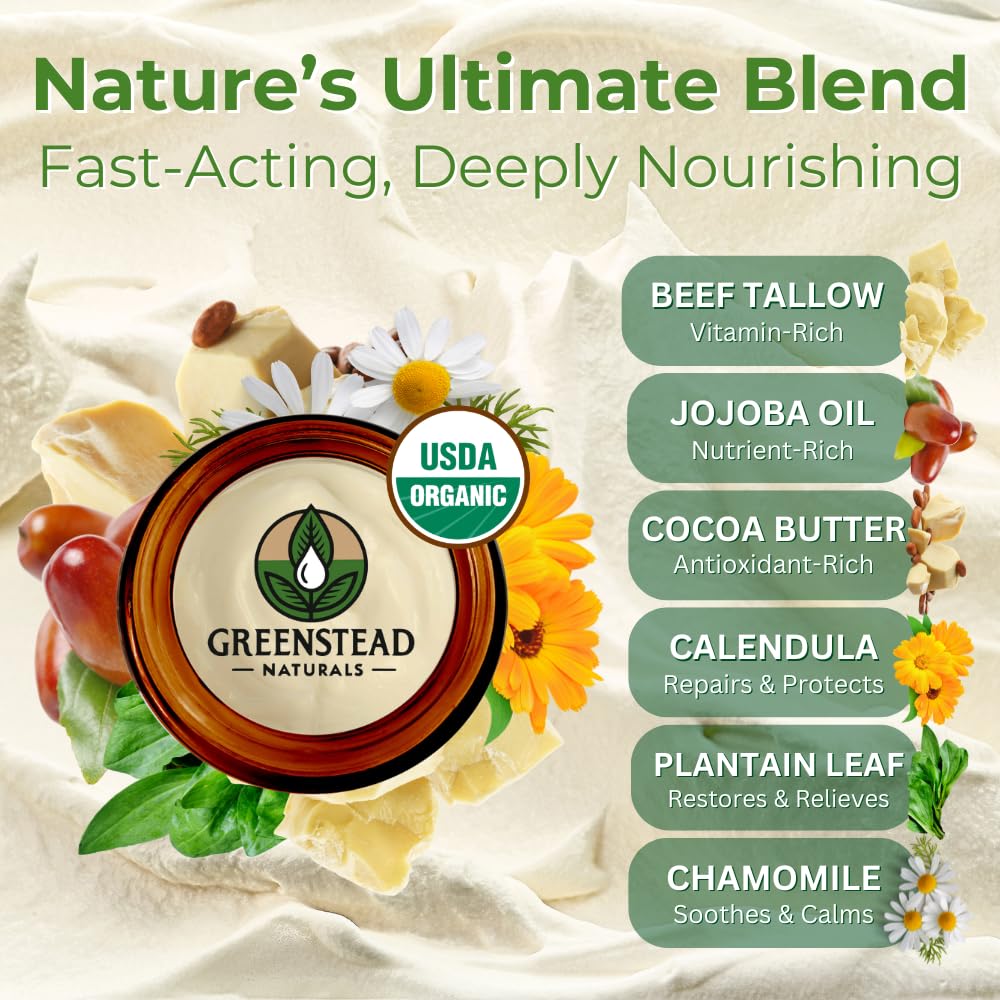Greenstead Naturals Grass Fed Beef Tallow for Skin – USDA-certified Organic Whipped Tallow Balm For Face and Body with Jojoba Oil and Cocoa Butter – Unscented and Herb-Infused – 2 oz