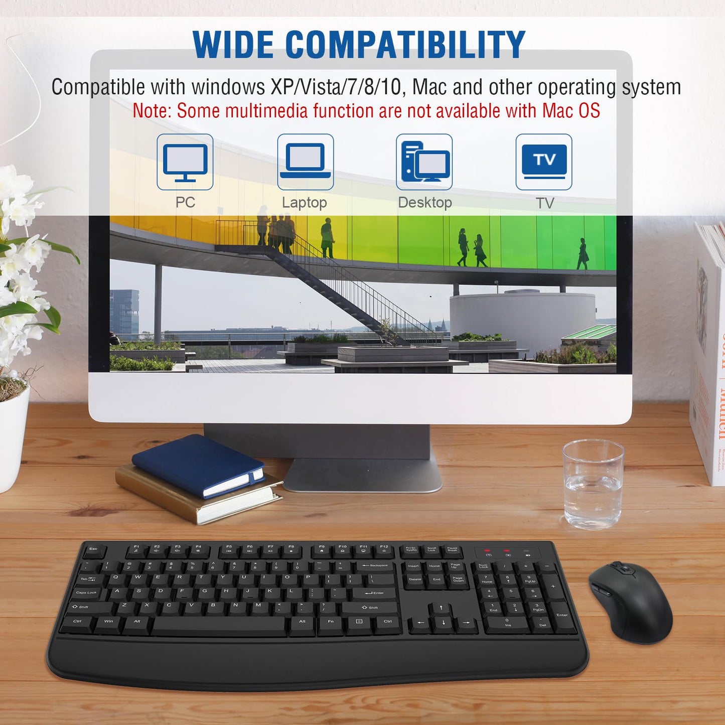 Wireless Keyboard and Mouse Combo, EDJO 2.4G Full-Sized Ergonomic Computer Keyboard with Wrist Rest and 3 Level DPI Adjustable Wireless Mouse for Windows, Mac OS Desktop/Laptop/PC (Black)