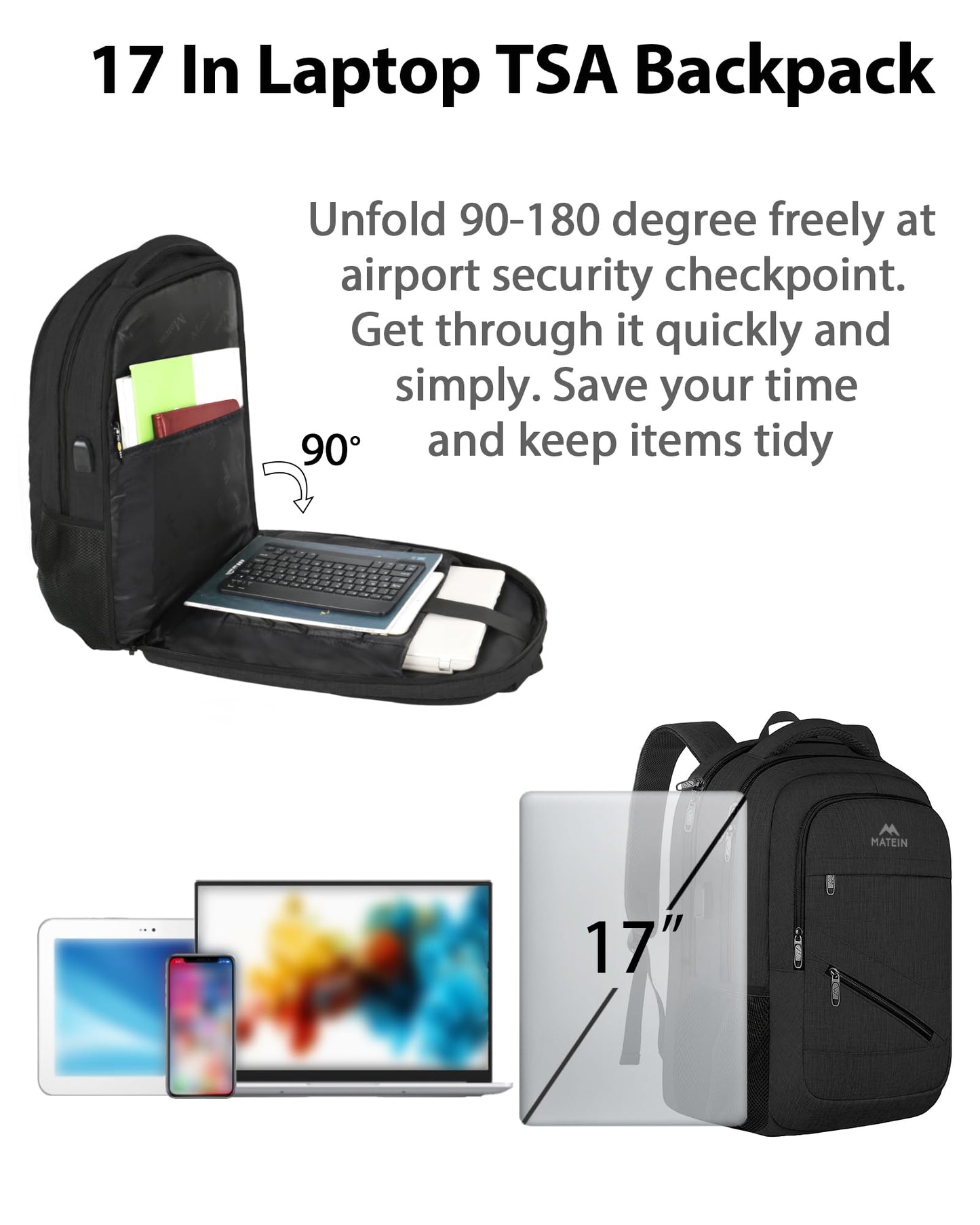 MATEIN School Laptop Backpack, Large TSA Friendly College Computer Bookbag with Laptop Compartment Fits 17 Inch Notebook, Water Resistant Business Work Travel Bag, Graduation Gifts for Men Women