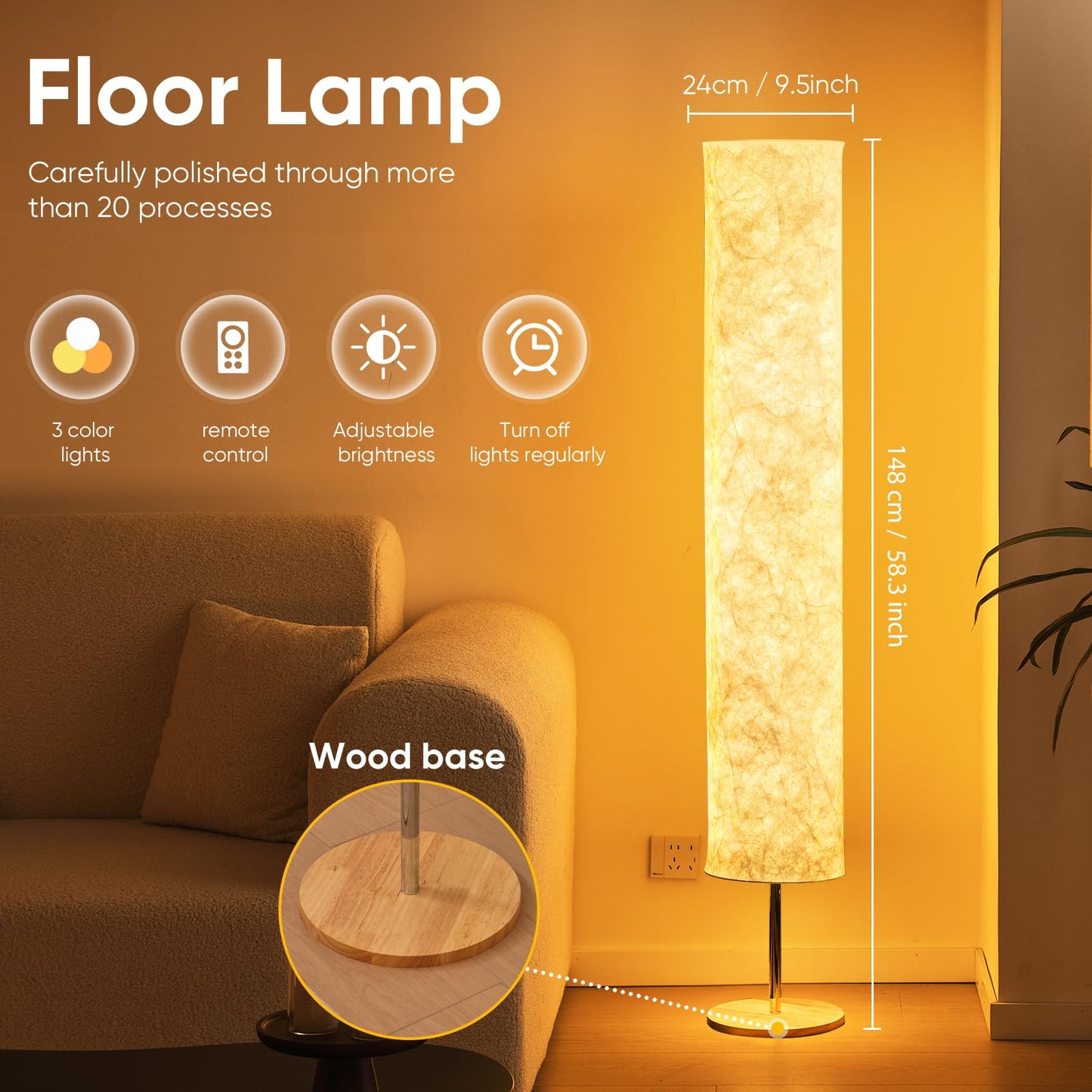 58 inch Soft Light Floor Lamp Simple Design Morden 3 Color Lighting Remote Control,LED lamp with Tyvek Fabric Shade,Brightness Adjustable for Living Room Bedroom Game Room