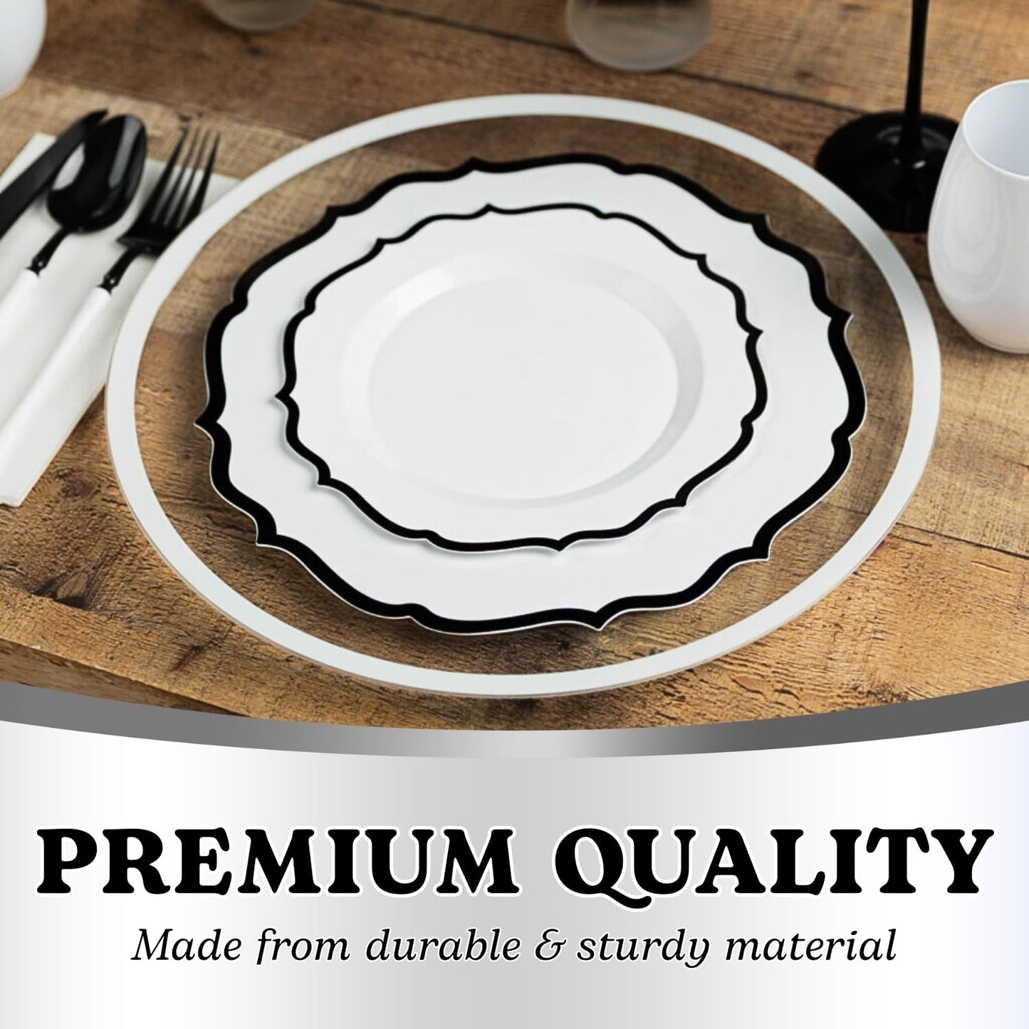 Contemporary Collection Combo White Plates with Black Rim - 7.5" - 10.5" (Pack of 32) - Sleek Modern Design - Perfect for Entertaining & Everyday Use