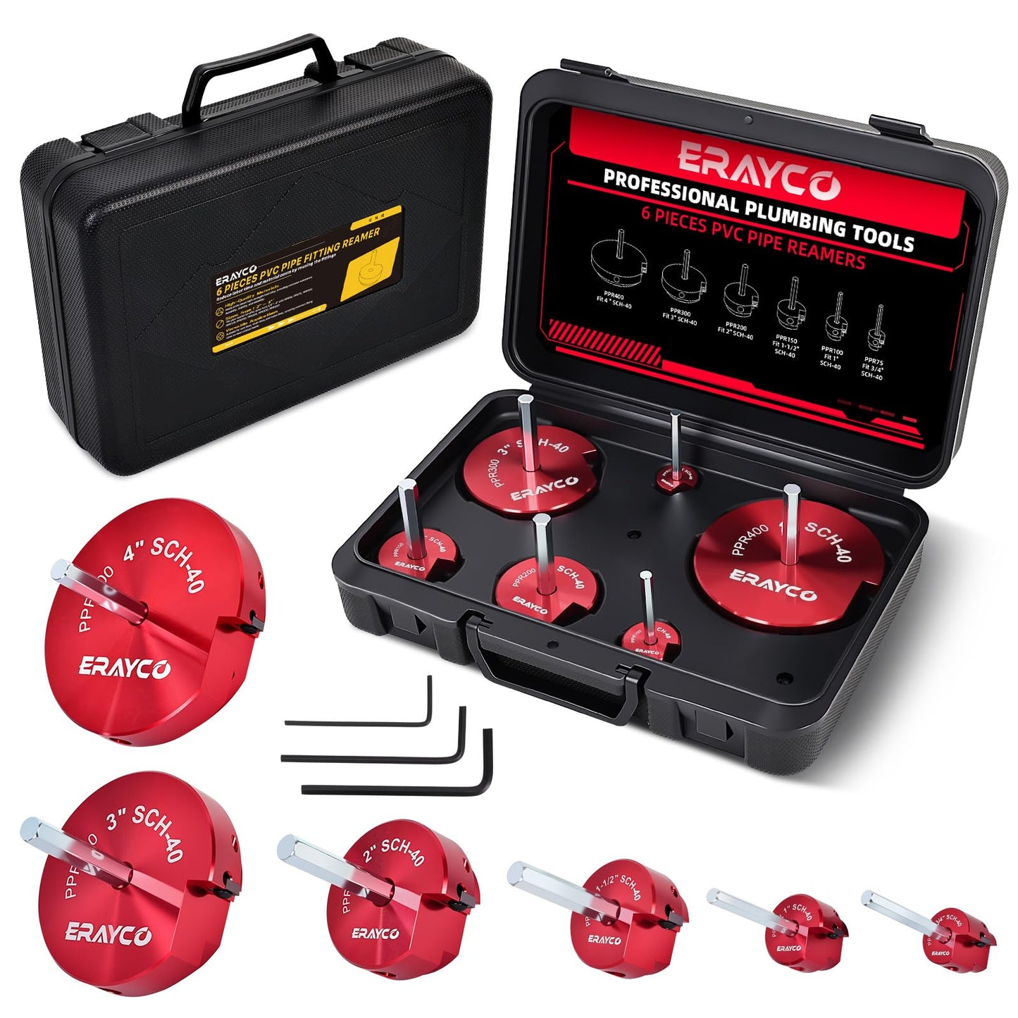 ERAYCO 6PCS PVC Pipe Reamer Kit, Plastic Pipe Fitting Reamer Tool, Fit into Standard 1/2" Drills, PVC Fitting Saver for SCH40 PVC CPVC ABS Pipe (3/4'', 1'', 1-1/2'', 2'', 3'', 4'')