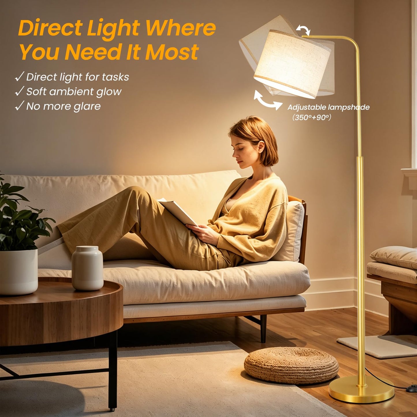Floor Lamp for Living Room and Bedroom - Modern Standing Lamps Tall with Dimmable LED Bulb and Remote Control - Black Stand Arc Light With Shade for Reading Home Decor Corner and office（Gold）