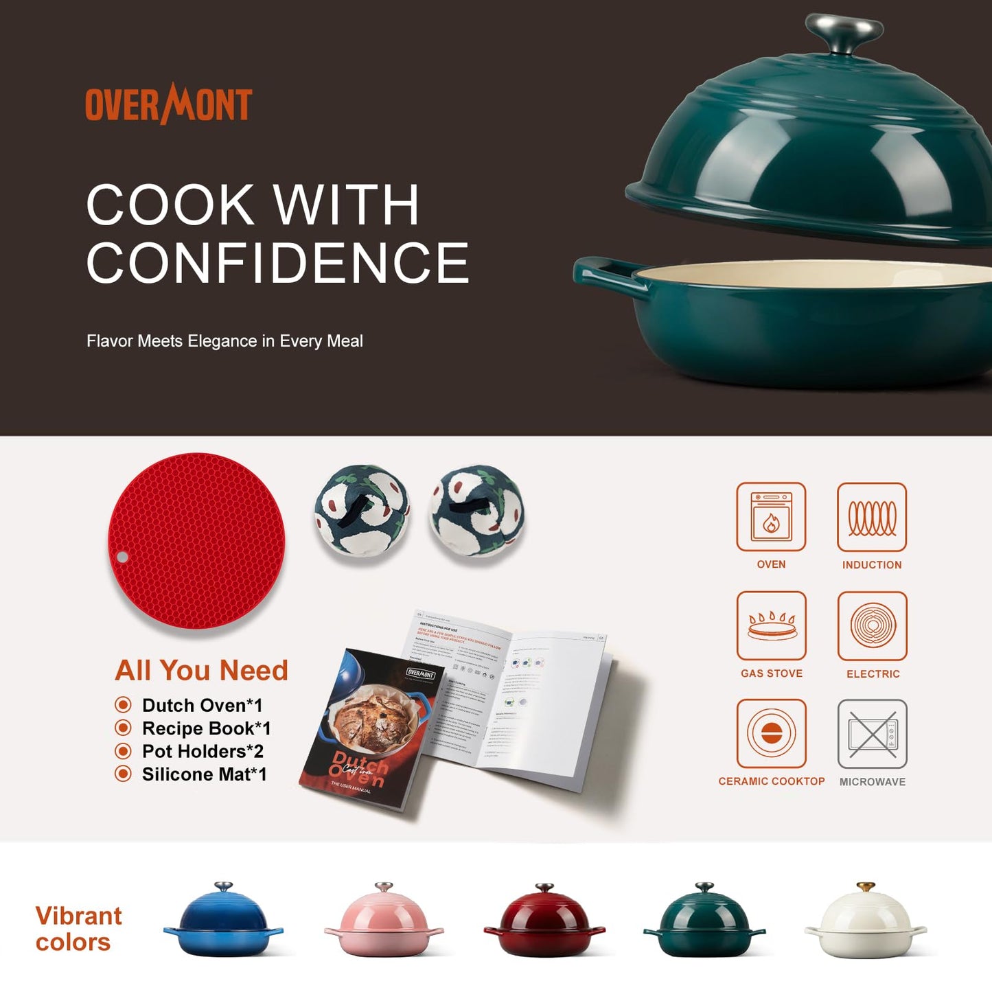 Overmont 6QT Enameled Cast Iron Bread Oven — Taller Body for Even Baking, Durable & Easy-to-Clean, Includes Dome Lid, Cotton Potholders & Cookbook, Perfect for Home Bakers & Sourdough Enthusiasts
