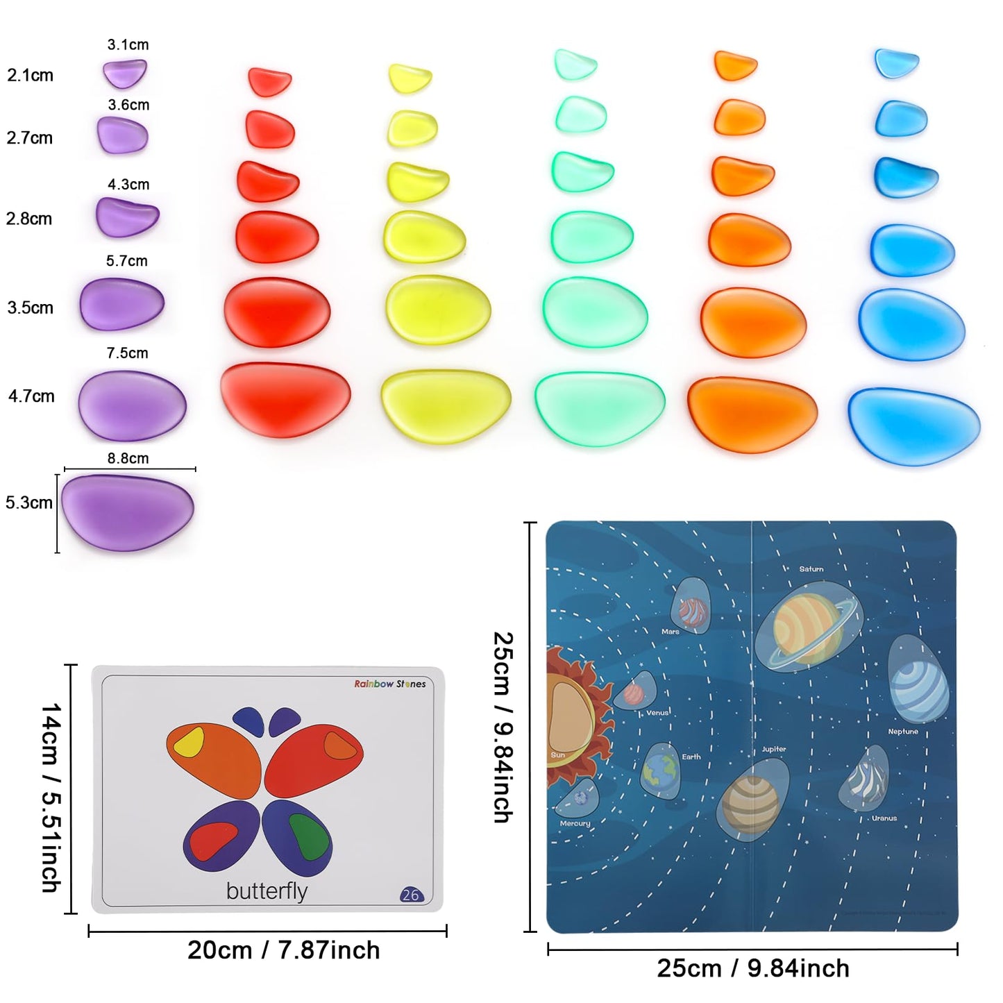 Odoorgames 36 Pcs Translucent Rainbow Pebbles,Rainbow Stones,Light Table Manipulatives Preschool,Light Table Accessories, Includes 24 Activity Cards