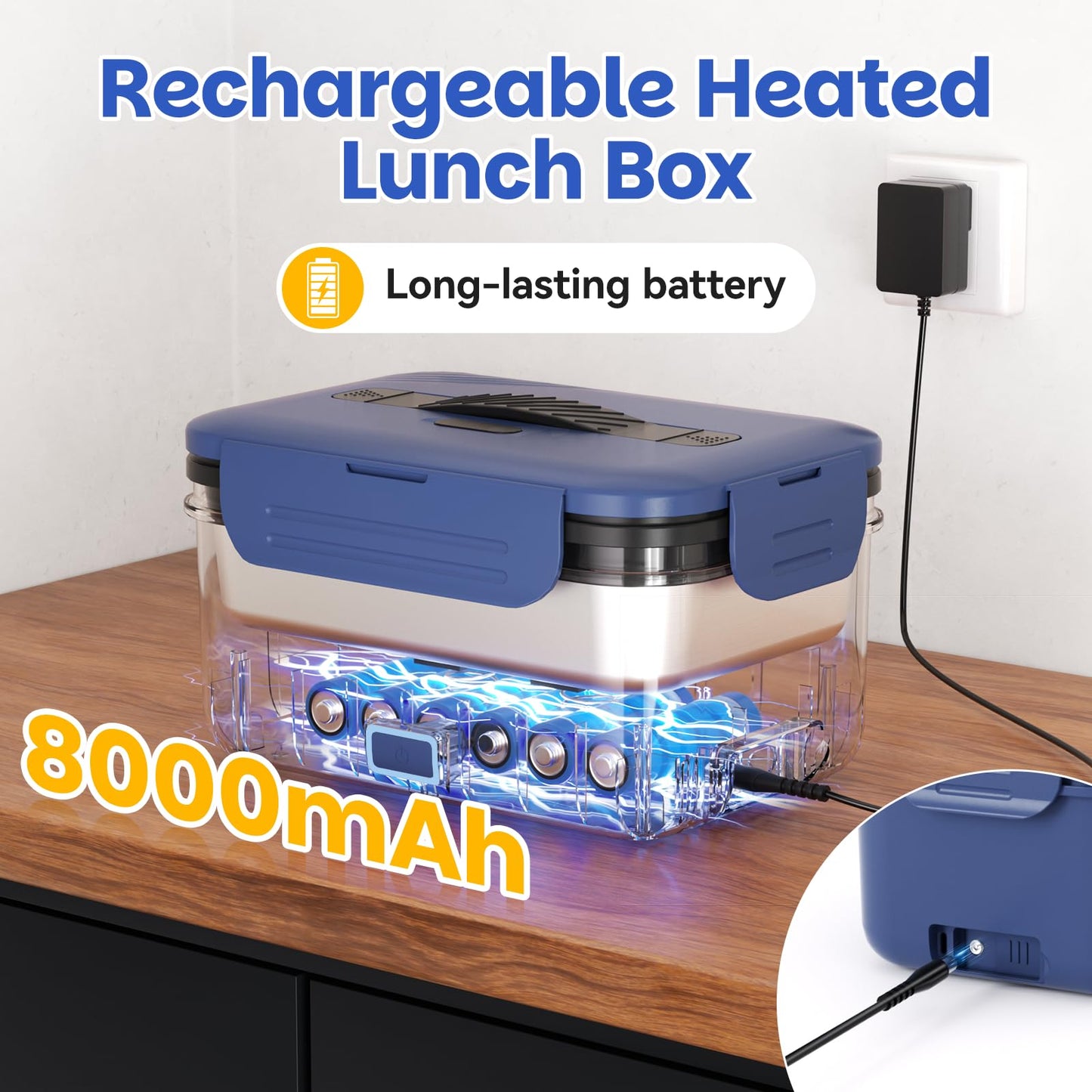 Vingud Cordless Electric Lunch Box for Adults, 1.8L Rechargeable Heated Lunch Box Food Warmer, Portable Self Heating for Men/Women/Office/Car, Lonchera Eléctrica Portátil Battery Powered Father's Gift