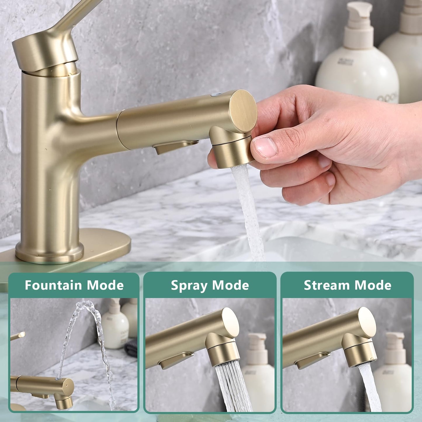 Besfelos Bathroom Sink Faucet with Pull Out Sprayer, Single Handle Modern Bathroom Basin Faucet with Pop-up Sink Drain Stopper & Deck Plate 1 or 4-inch Centerset 3 Hole, Gold