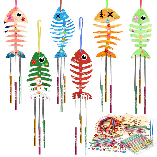 Fennoral 30 Pack Wind Chime Kit Make Your Own Fish Wind Chime Wooden Arts and Crafts for Girls Boys Ornaments DIY Coloring Spring Craft for Birthday Winter Decoration