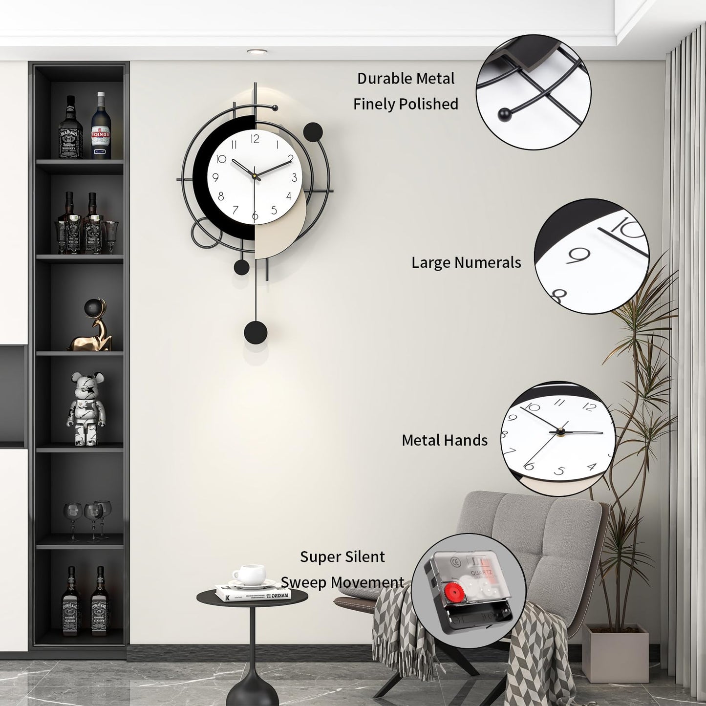 JTWALCLOCK Large Wall Clock for Living Room Decor 26 Inch Modern Decorative Black Wood Wall Clock Battery Operated Non Ticking for Bedroom Office Kitchen Big Pendulum Silent Clock Wall Decor for Home