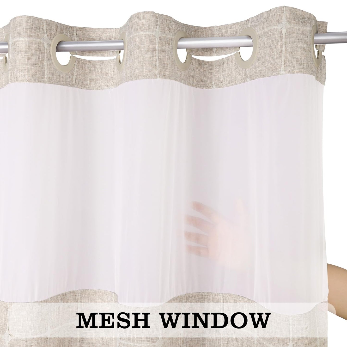 Farmhouse Shower Curtain with Snap-in Liner,No Hooks Needed, Fabric Shower Curtains with Tassels for Rustic Bathroom Decor,with Window,with Magnets,Water Repellent&Machine Washable,Linen,71x80Inch