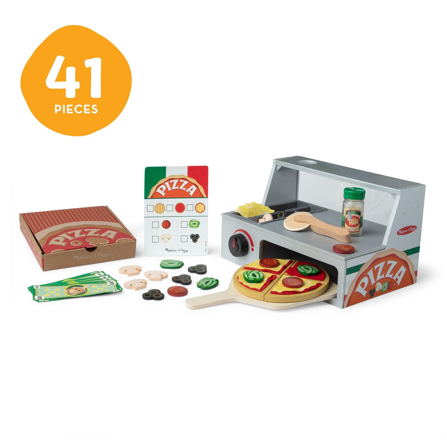 Melissa & Doug Top & Bake Wooden Pizza Counter Play Set with Play Food (41 Pcs) Preschool Toy - FSC CertifiedPizza, Wooden Food Set, Pretend Sets for Kids Ages 3+