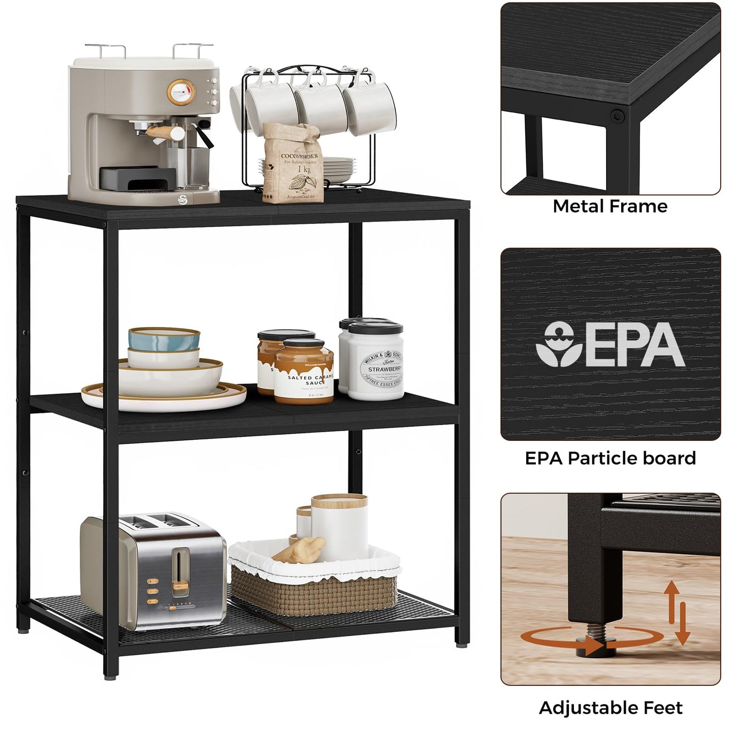 Homleke Kitchen Island with 3 Shelves, Kitchen Shelf with Large Workstation, Bakers Rack, Workbench, Metal Frame, Black