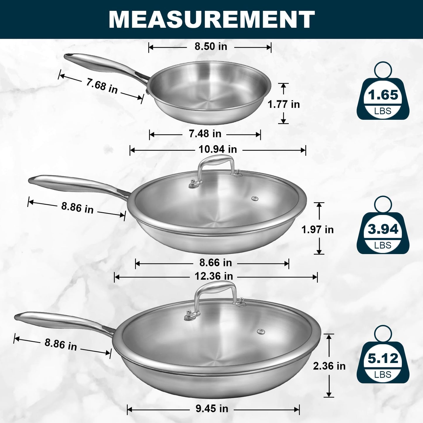 EWFEN Tri-Ply Stainless Steel Frying Pans Set with Lid, 8”/10”/12” Cooking pans, PFOA&PTFE Free Skillet, Induction Cooking Pan, Dishwasher and Oven Safe, Fast & Even Heat, Suitable for All Stove